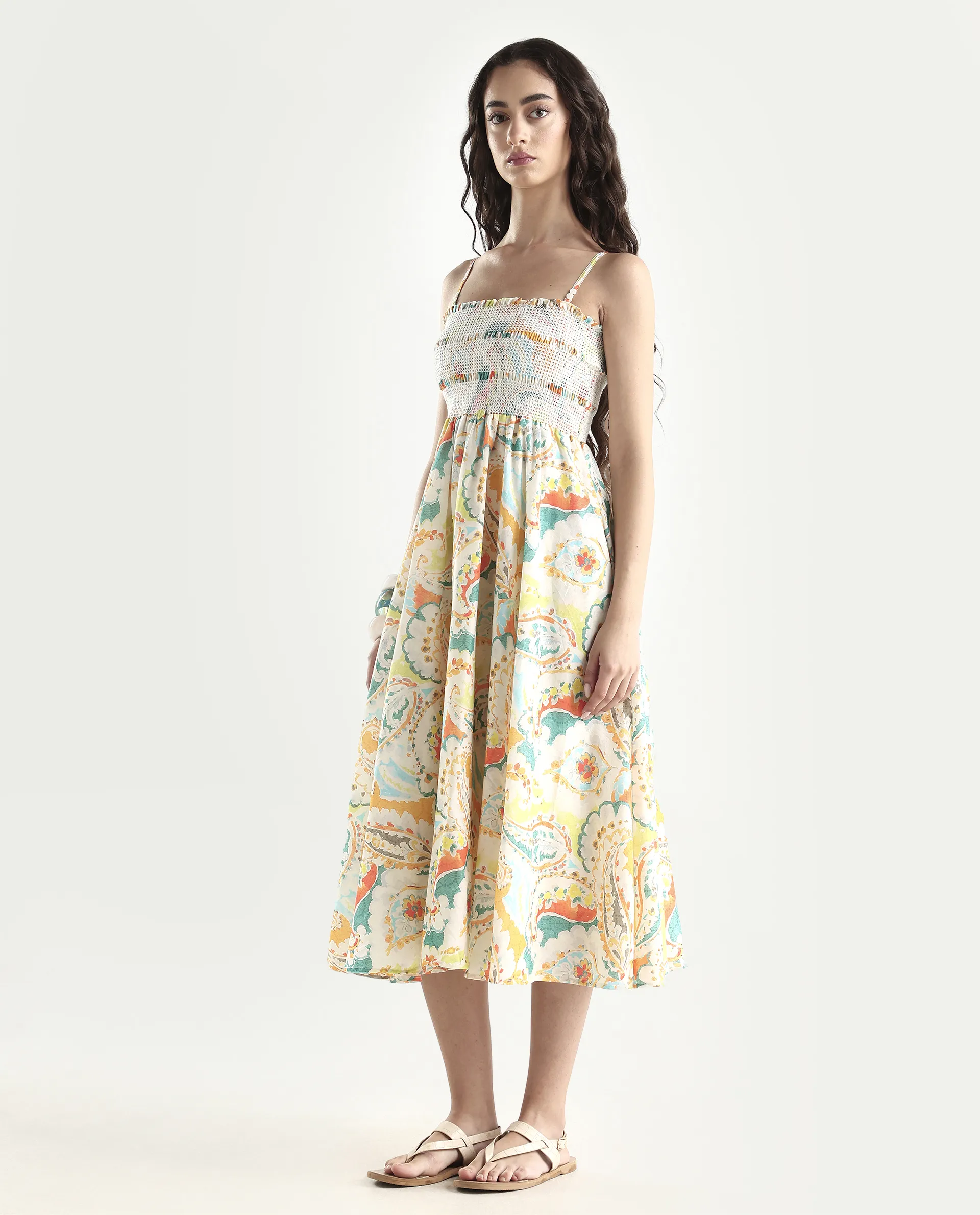 Rareism Women's Lenoid Multi Cotton Shoulder Strap Paisley Print Sleeveless Midi Fit And Flare Dress - Image 5