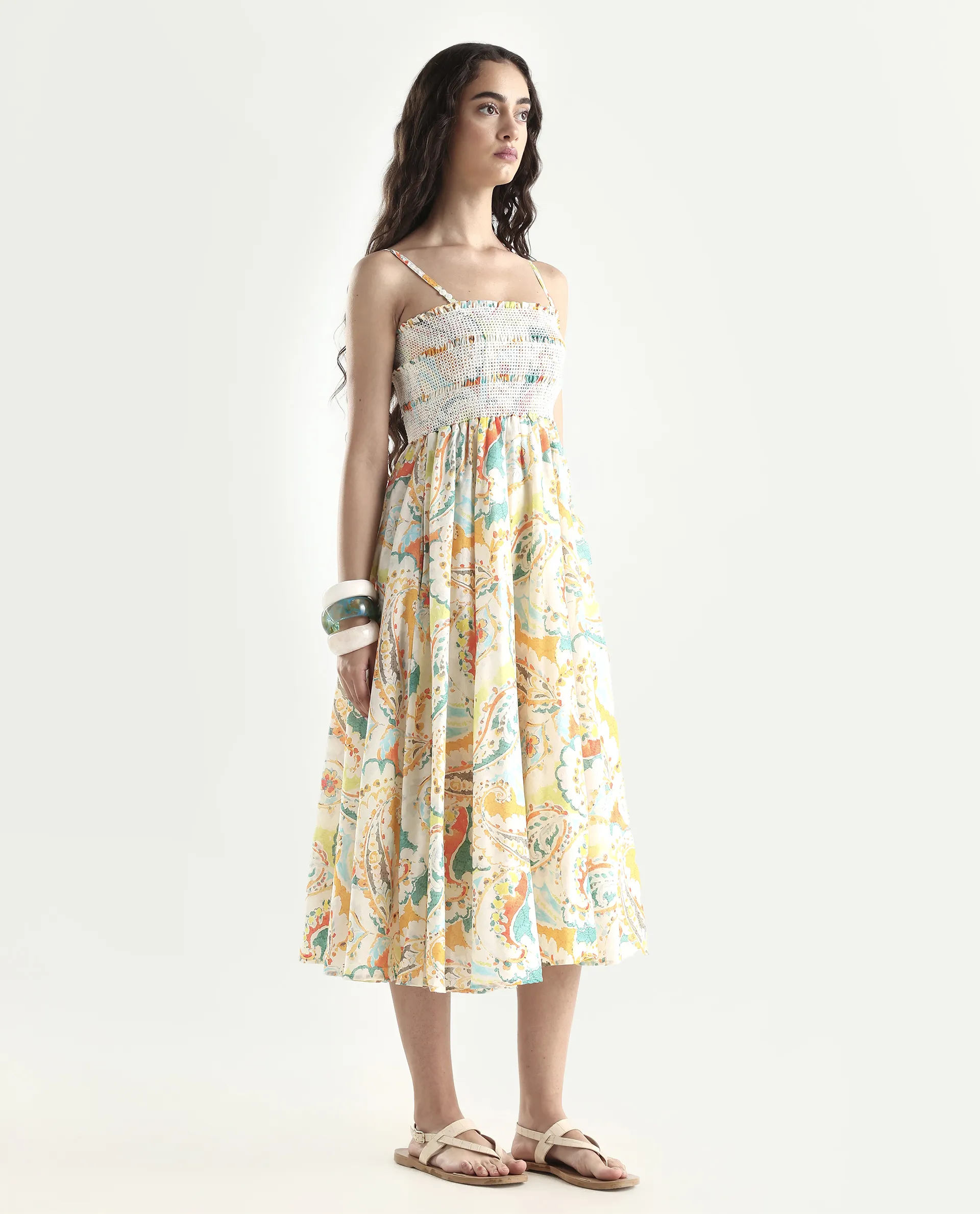 Rareism Women's Lenoid Multi Cotton Shoulder Strap Paisley Print Sleeveless Midi Fit And Flare Dress - Image 6