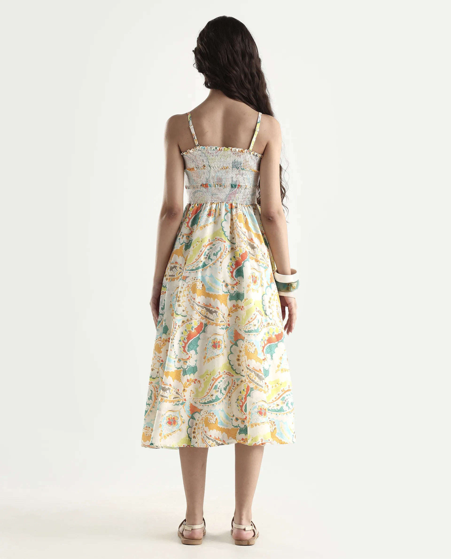 Rareism Women's Lenoid Multi Cotton Shoulder Strap Paisley Print Sleeveless Midi Fit And Flare Dress - Image 7