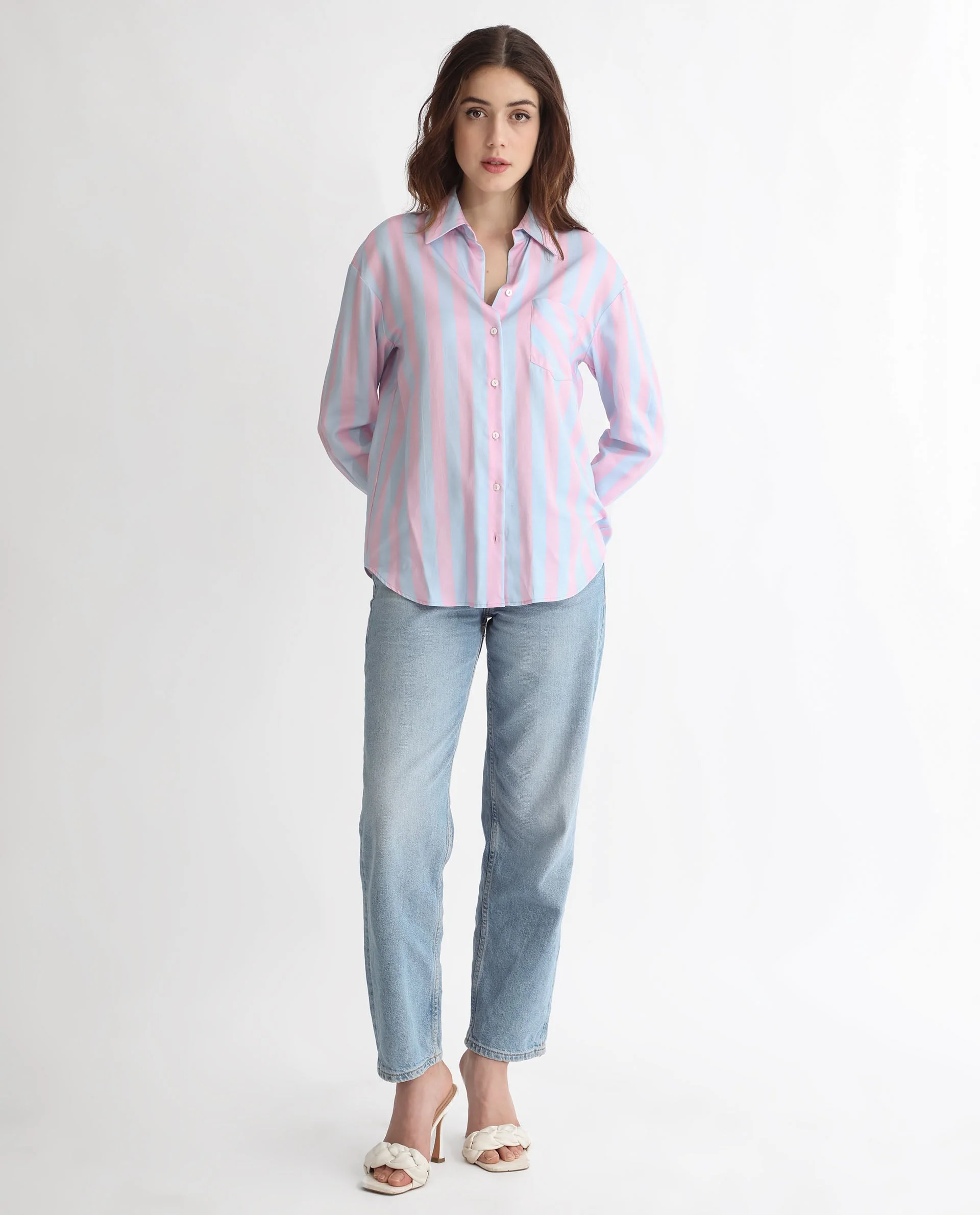 Rareism Women's Lenona Pastel Blue Cotton Spread Collar Striped Slim Fit Shirt - Image 10