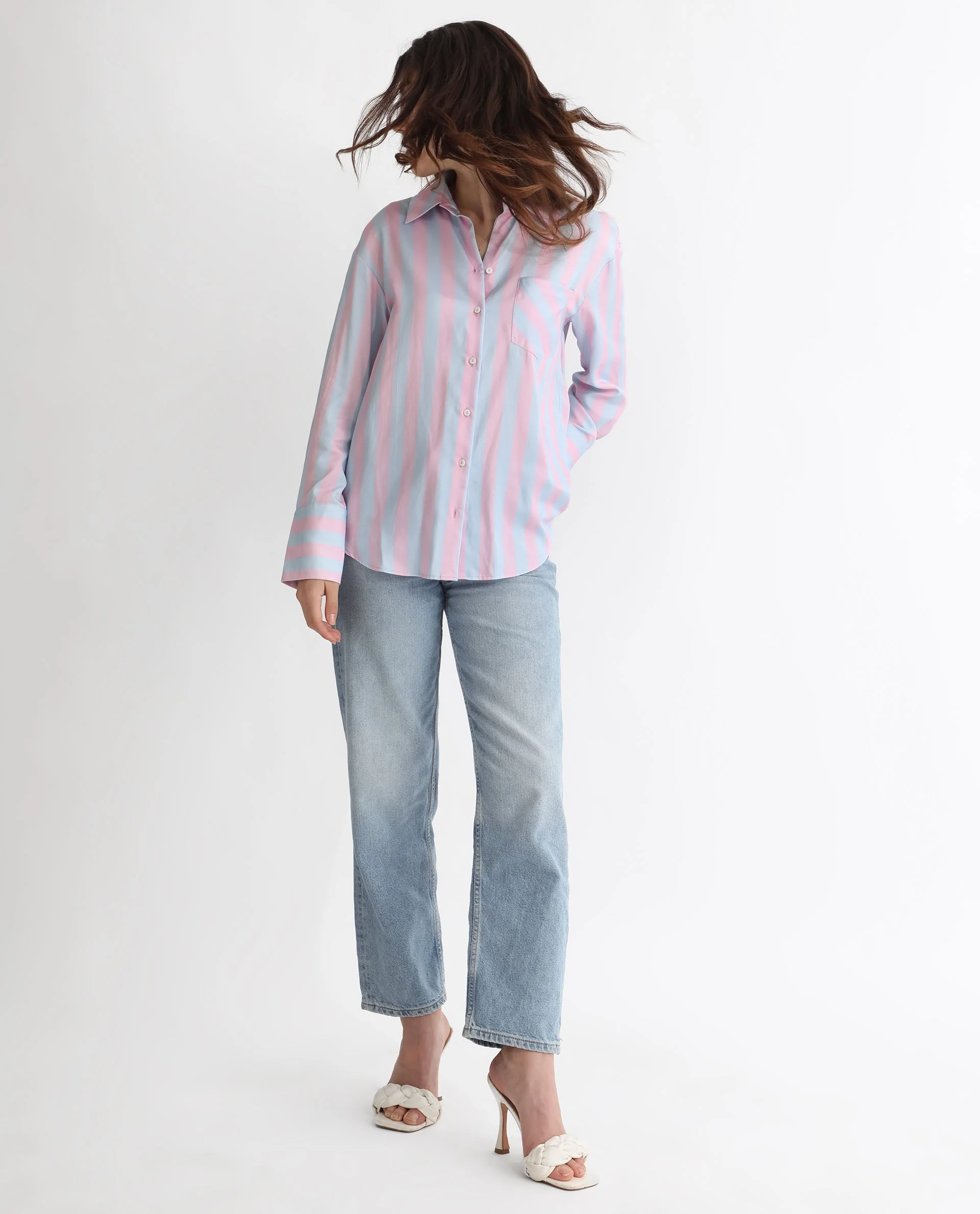 Rareism Women's Lenona Pastel Blue Cotton Spread Collar Striped Slim Fit Shirt - Image 11