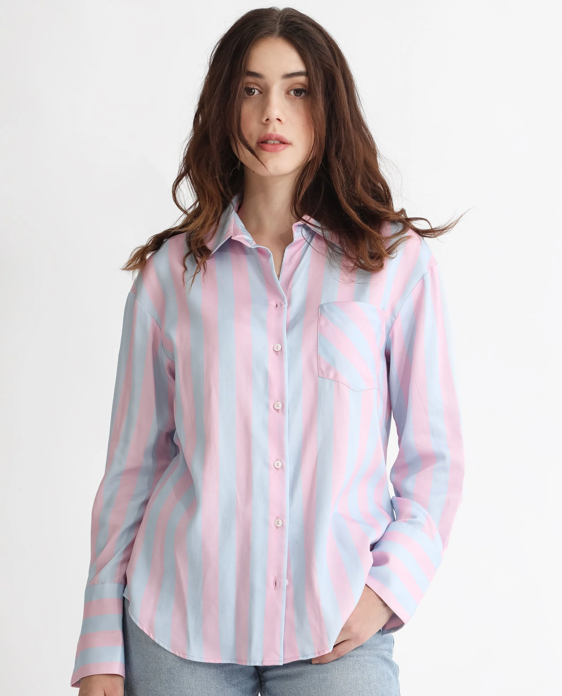 Rareism Women's Lenona Pastel Blue Cotton Spread Collar Striped Slim Fit Shirt - Image 12