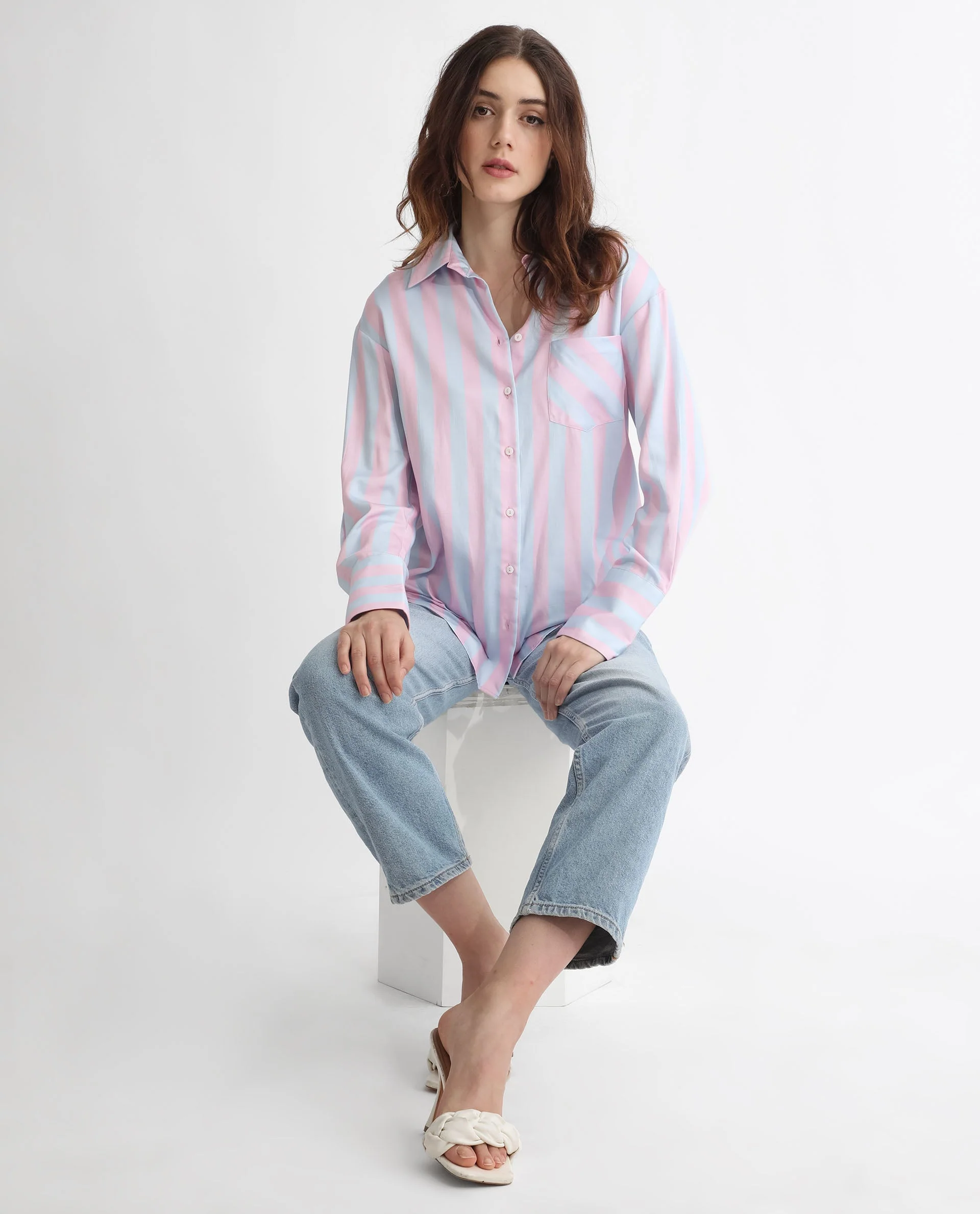 Rareism Women's Lenona Pastel Blue Cotton Spread Collar Striped Slim Fit Shirt - Image 2