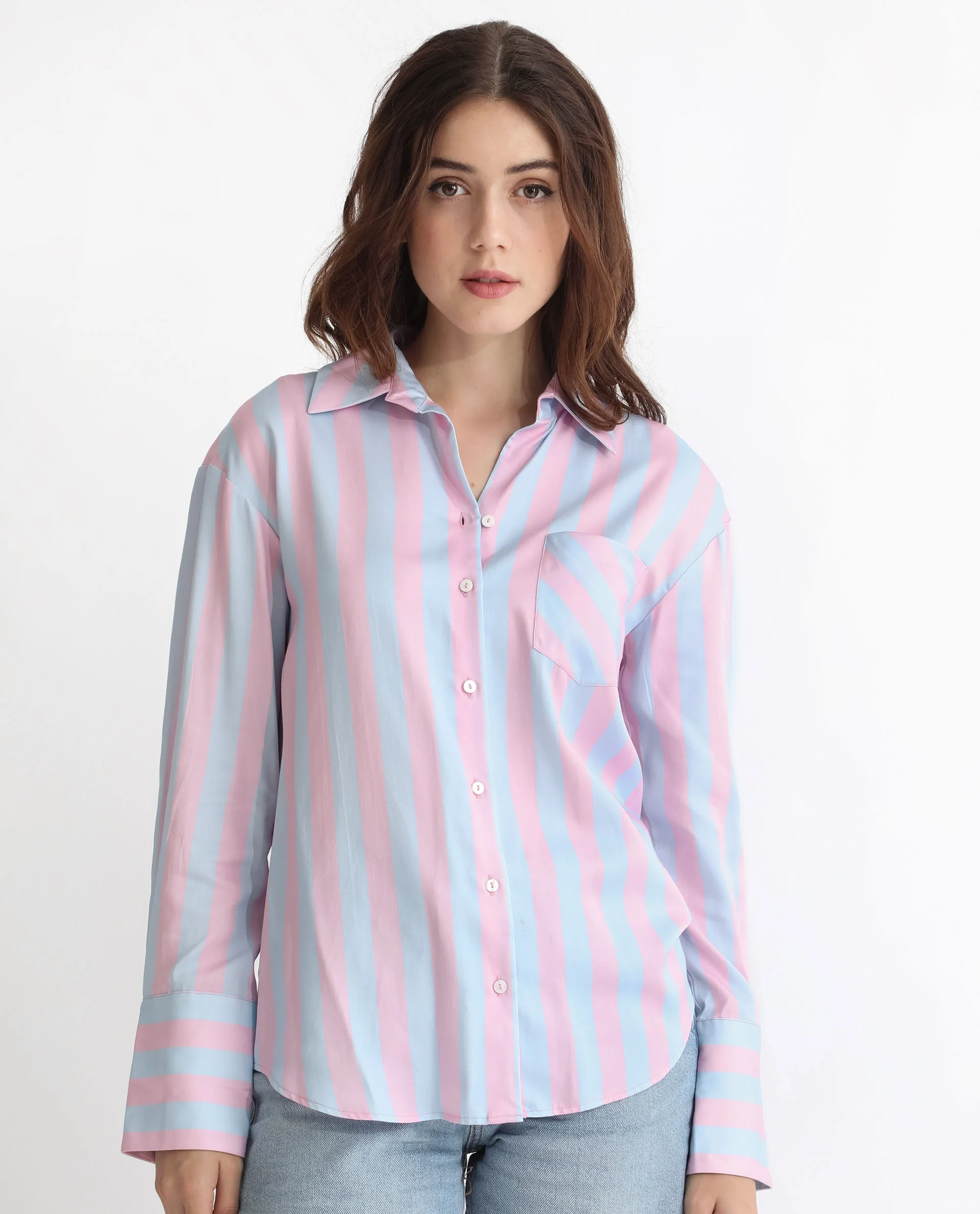Rareism Women's Lenona Pastel Blue Cotton Spread Collar Striped Slim Fit Shirt - Image 3