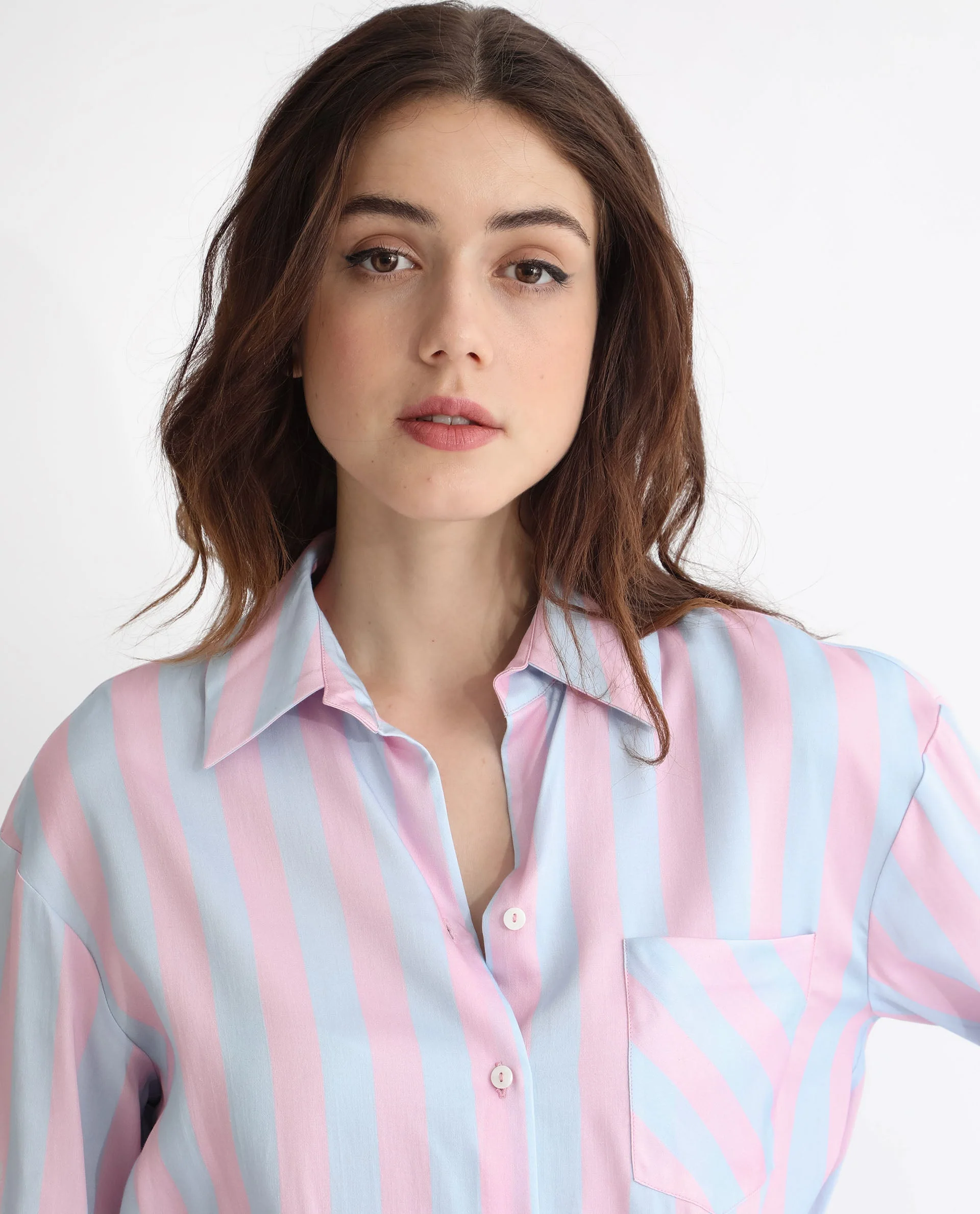 Rareism Women's Lenona Pastel Blue Cotton Spread Collar Striped Slim Fit Shirt - Image 4