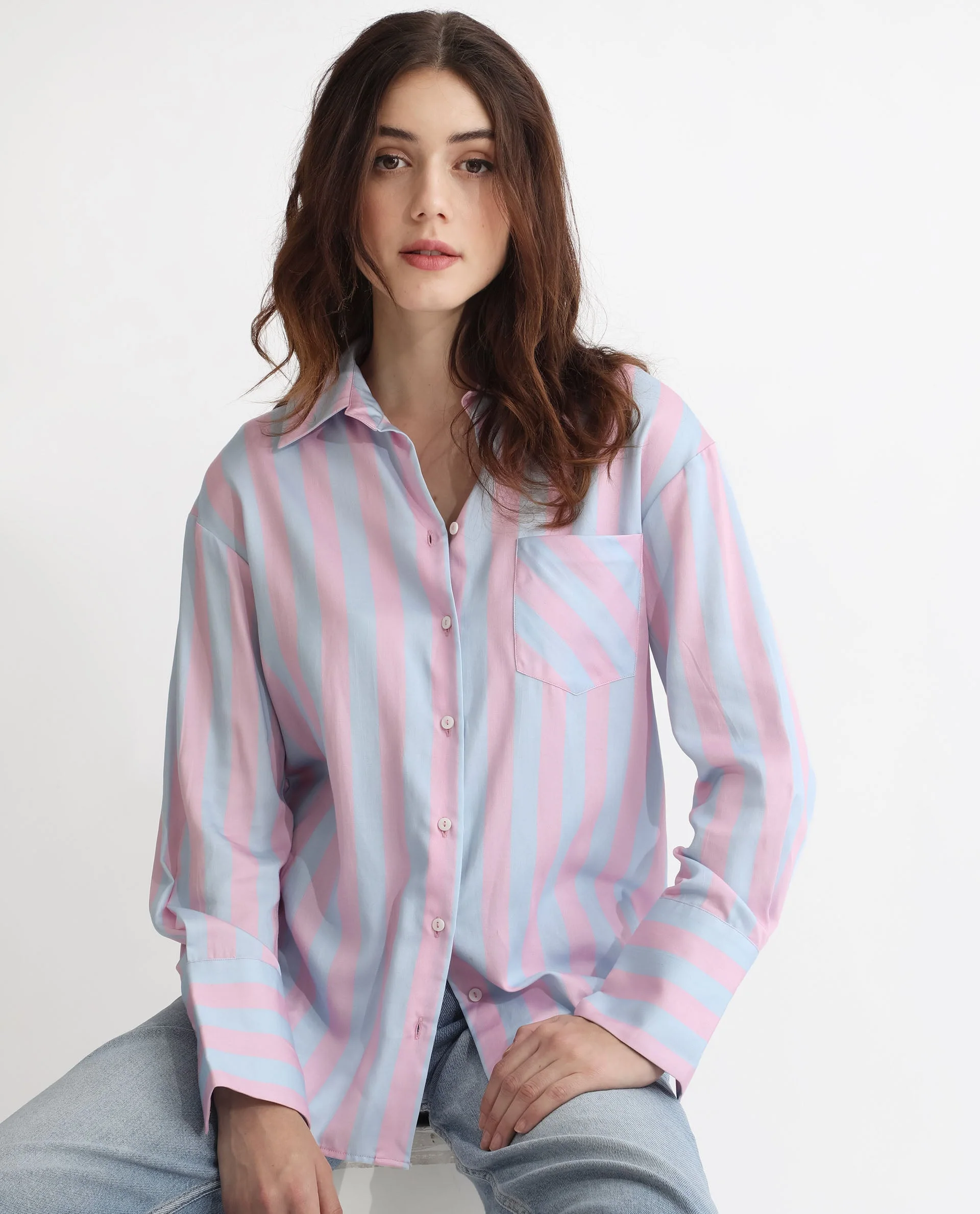 Rareism Women's Lenona Pastel Blue Cotton Spread Collar Striped Slim Fit Shirt - Image 5