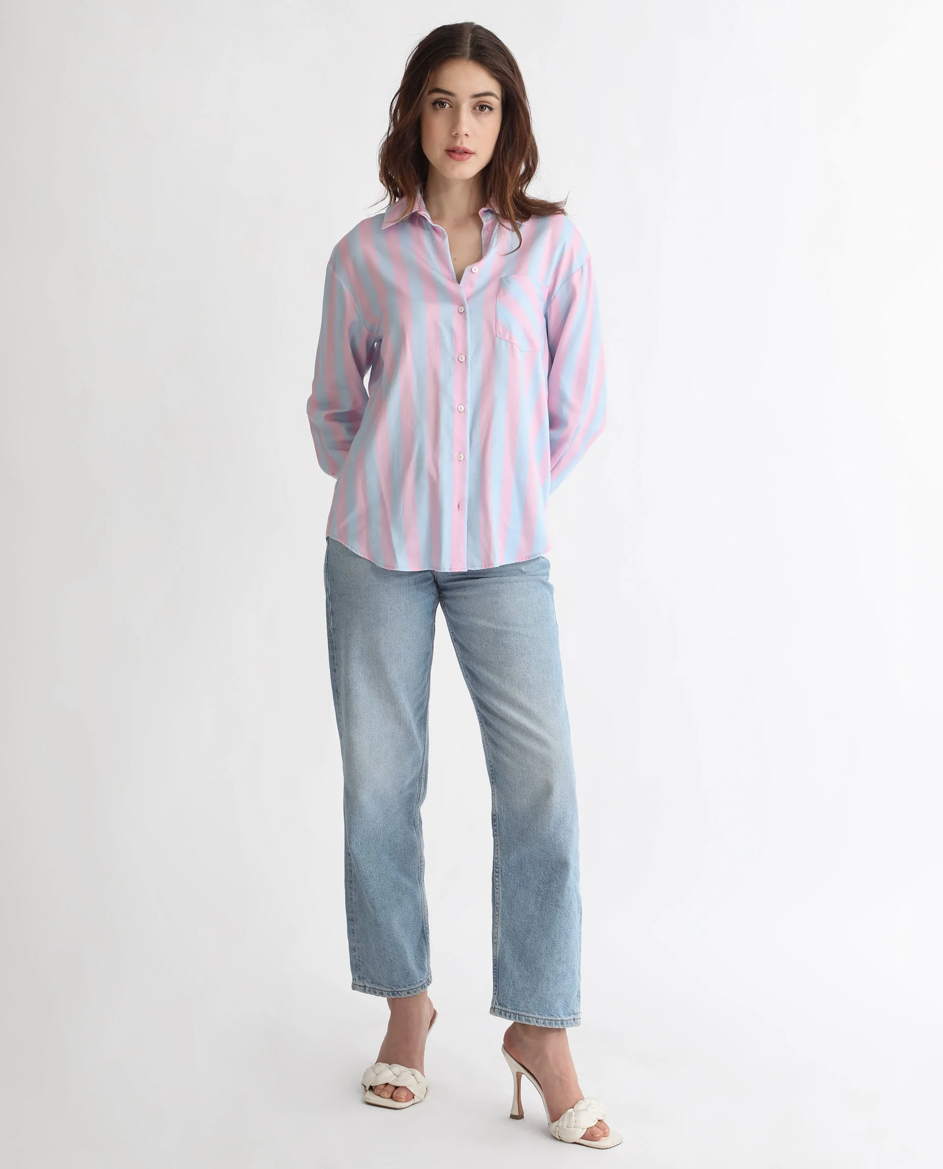 Rareism Women's Lenona Pastel Blue Cotton Spread Collar Striped Slim Fit Shirt - Image 6