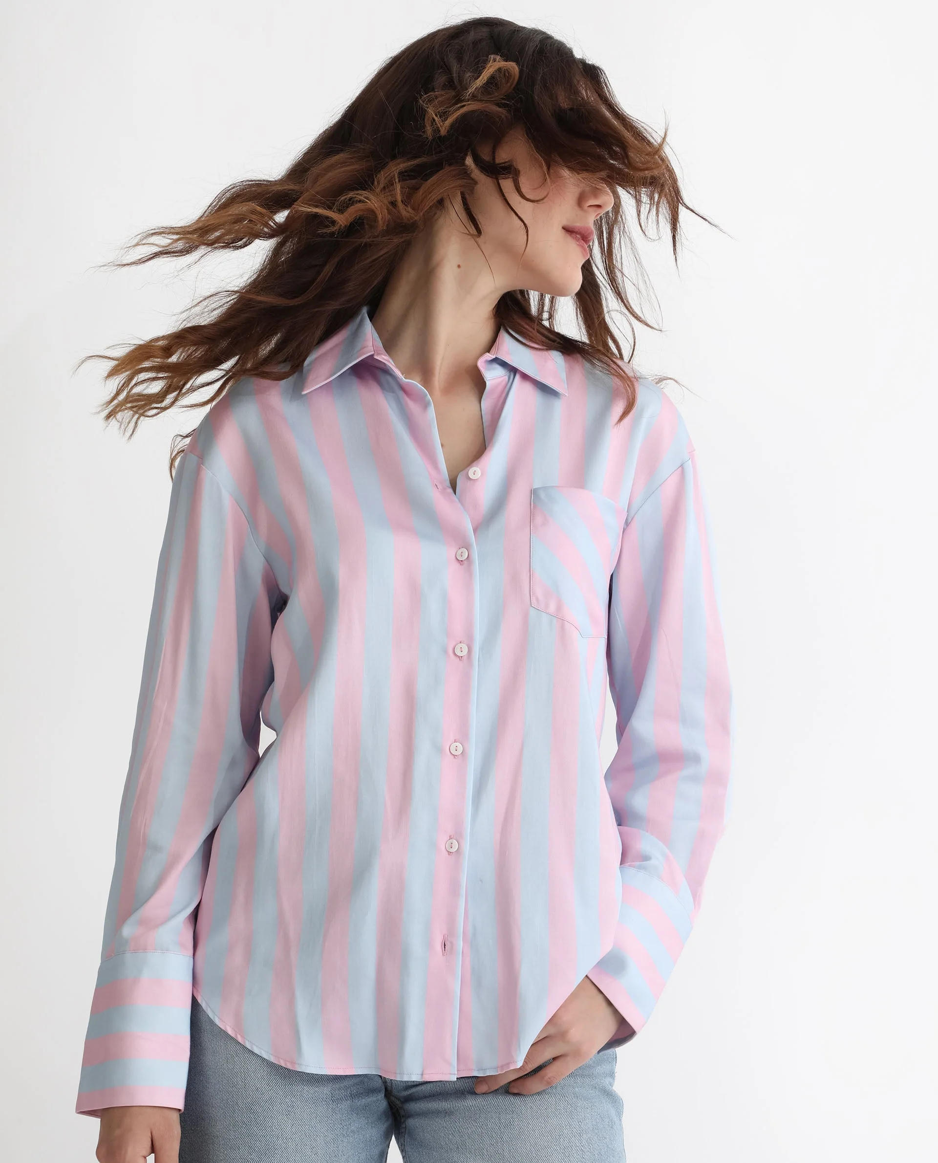 Rareism Women's Lenona Pastel Blue Cotton Spread Collar Striped Slim Fit Shirt - Image 7