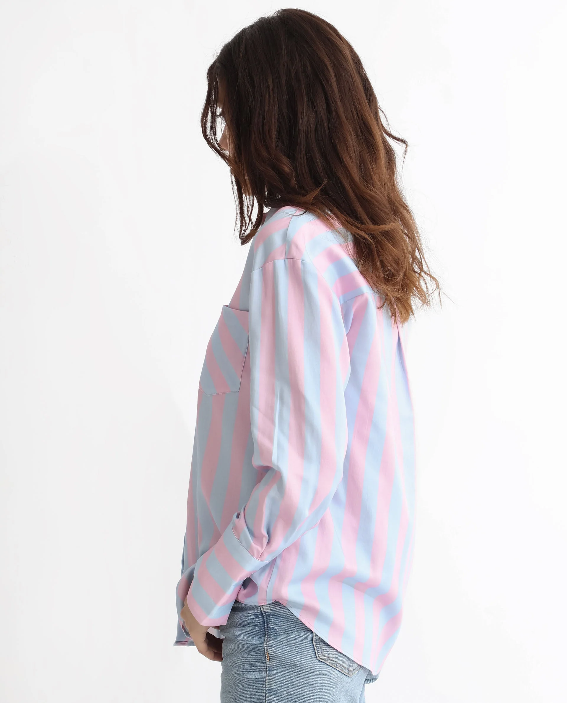 Rareism Women's Lenona Pastel Blue Cotton Spread Collar Striped Slim Fit Shirt - Image 8