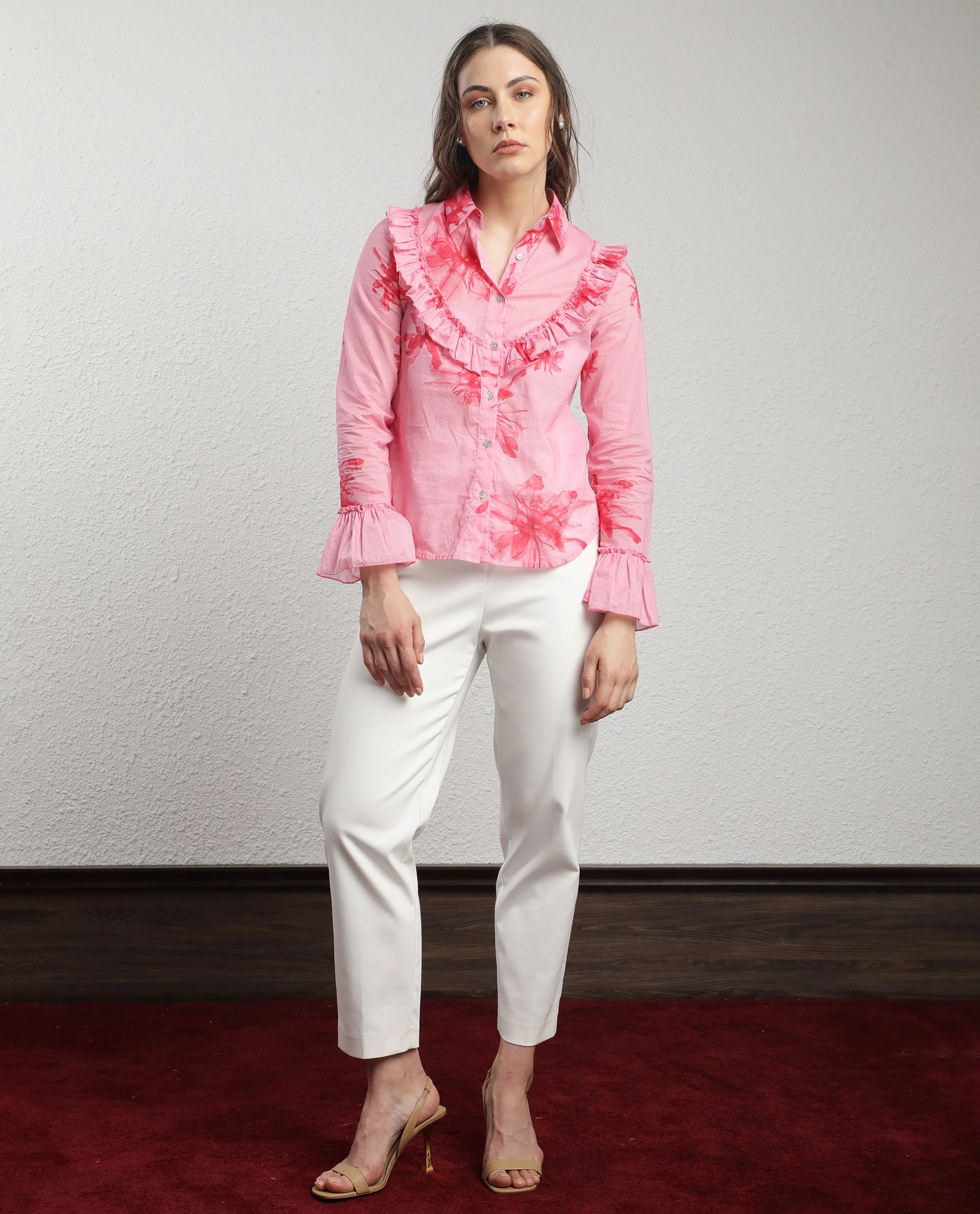 Rareism Women's Lenora Pink Cotton Spread Collar Floral Print Ruffled Sleeve Regular Fit Top - Image 4