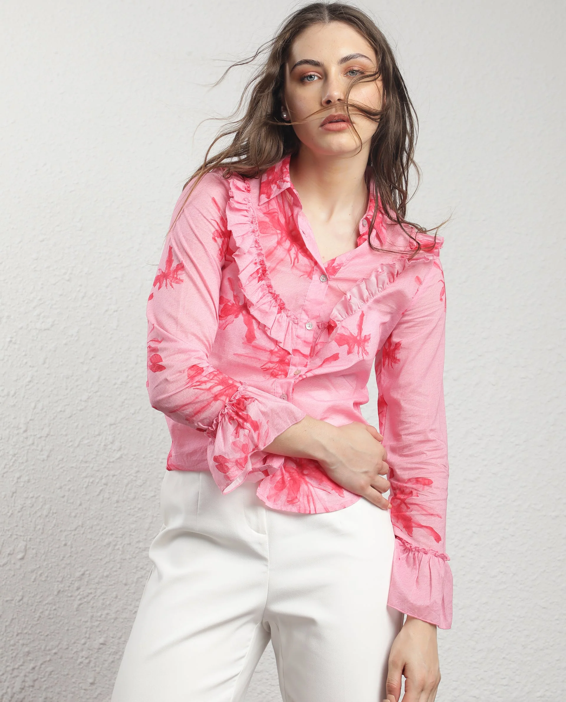 Rareism Women's Lenora Pink Cotton Spread Collar Floral Print Ruffled Sleeve Regular Fit Top - Image 7