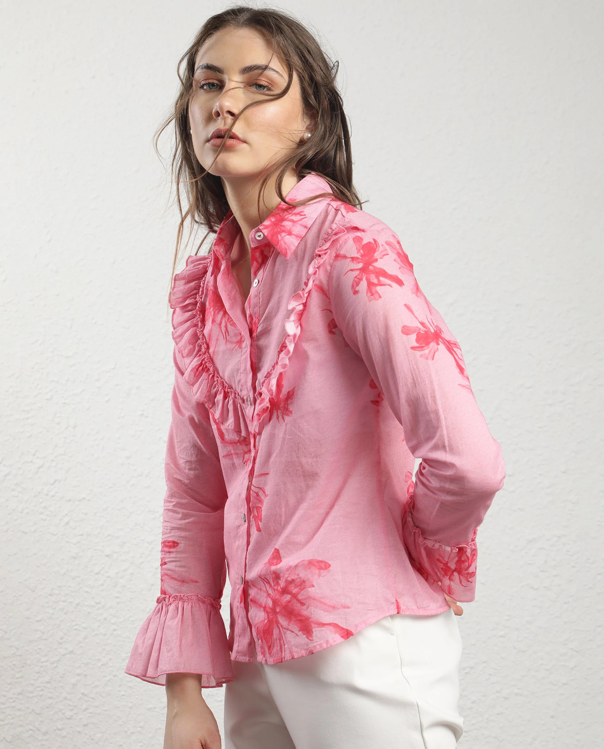 Rareism Women's Lenora Pink Cotton Spread Collar Floral Print Ruffled Sleeve Regular Fit Top - Image 8