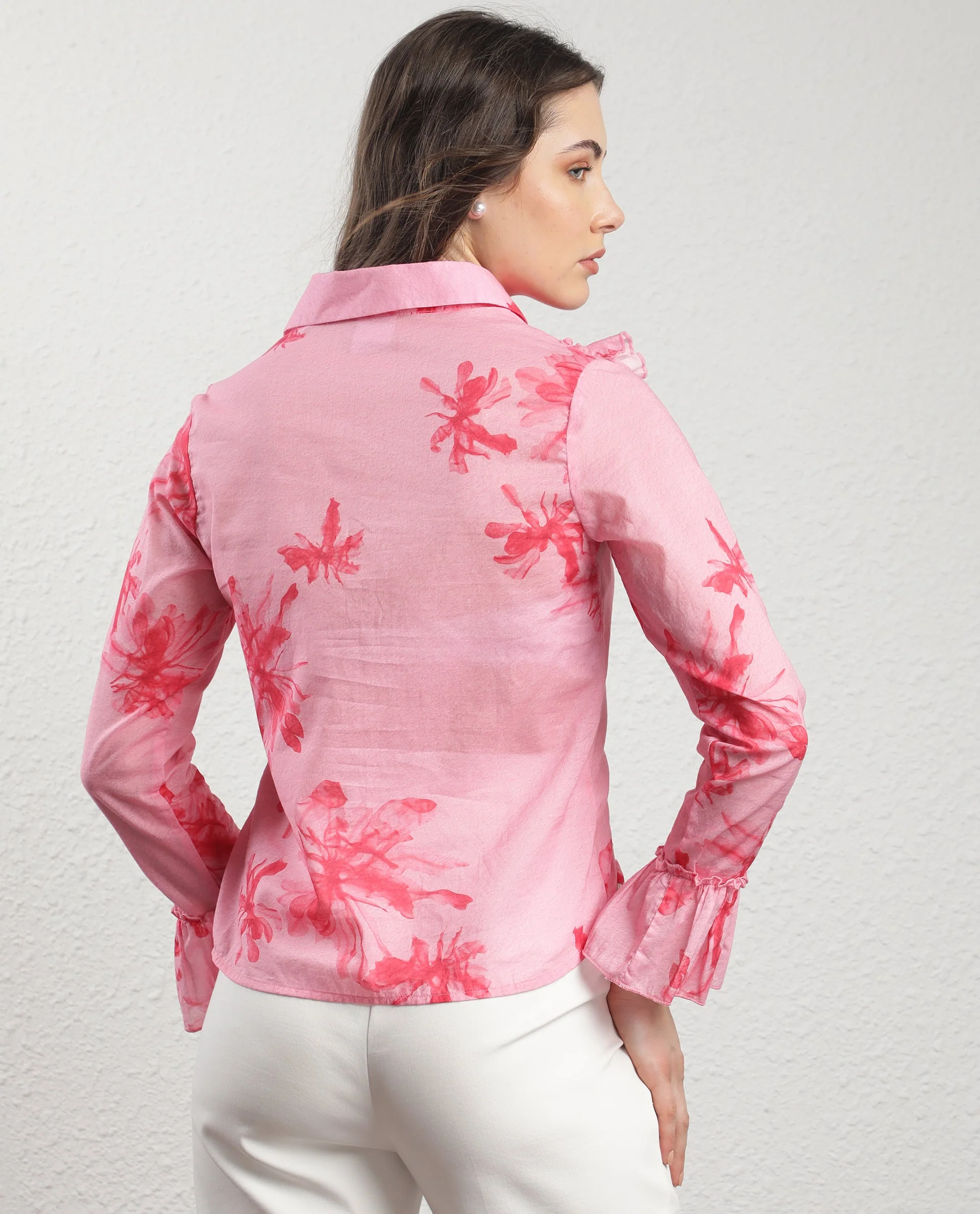 Rareism Women's Lenora Pink Cotton Spread Collar Floral Print Ruffled Sleeve Regular Fit Top - Image 9