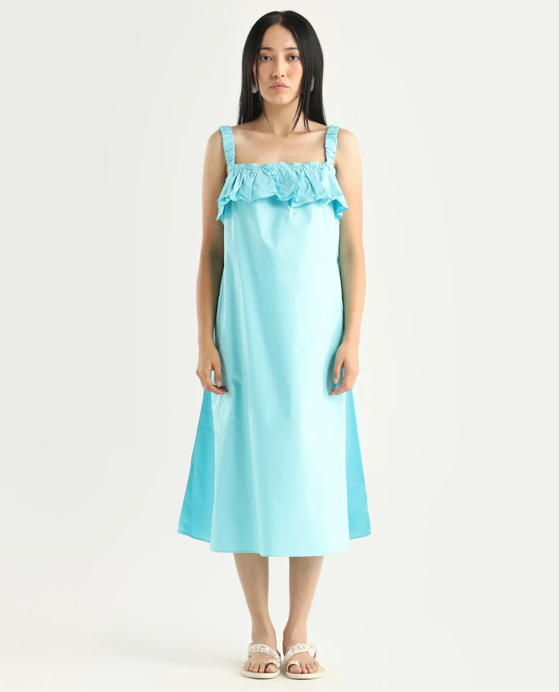 Rareism Women's Lens Blue Cotton Blend Shoulder Strap Plain Sleeveless Knee Length Regular Fit Dress - Image 2