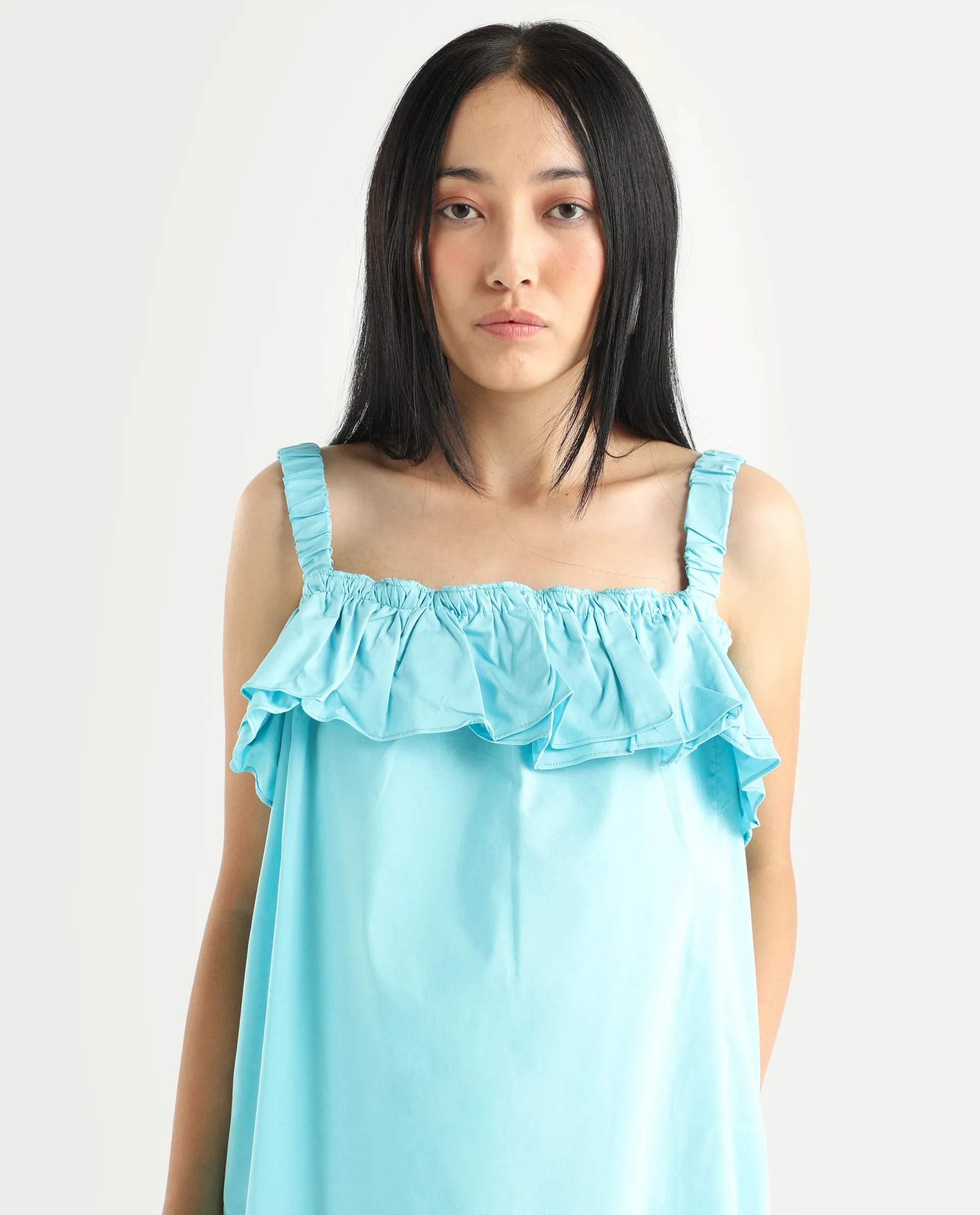 Rareism Women's Lens Blue Cotton Blend Shoulder Strap Plain Sleeveless Knee Length Regular Fit Dress - Image 4