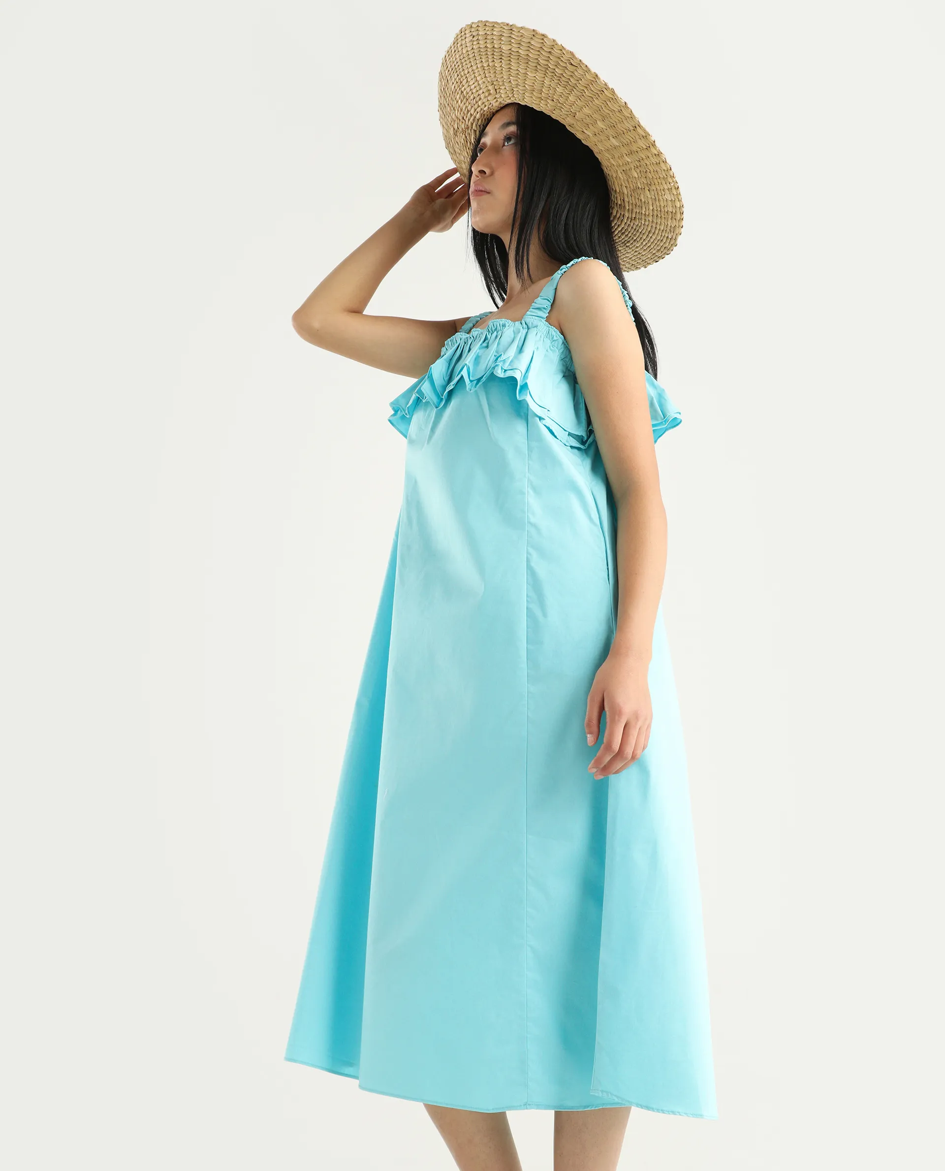 Rareism Women's Lens Blue Cotton Blend Shoulder Strap Plain Sleeveless Knee Length Regular Fit Dress - Image 5