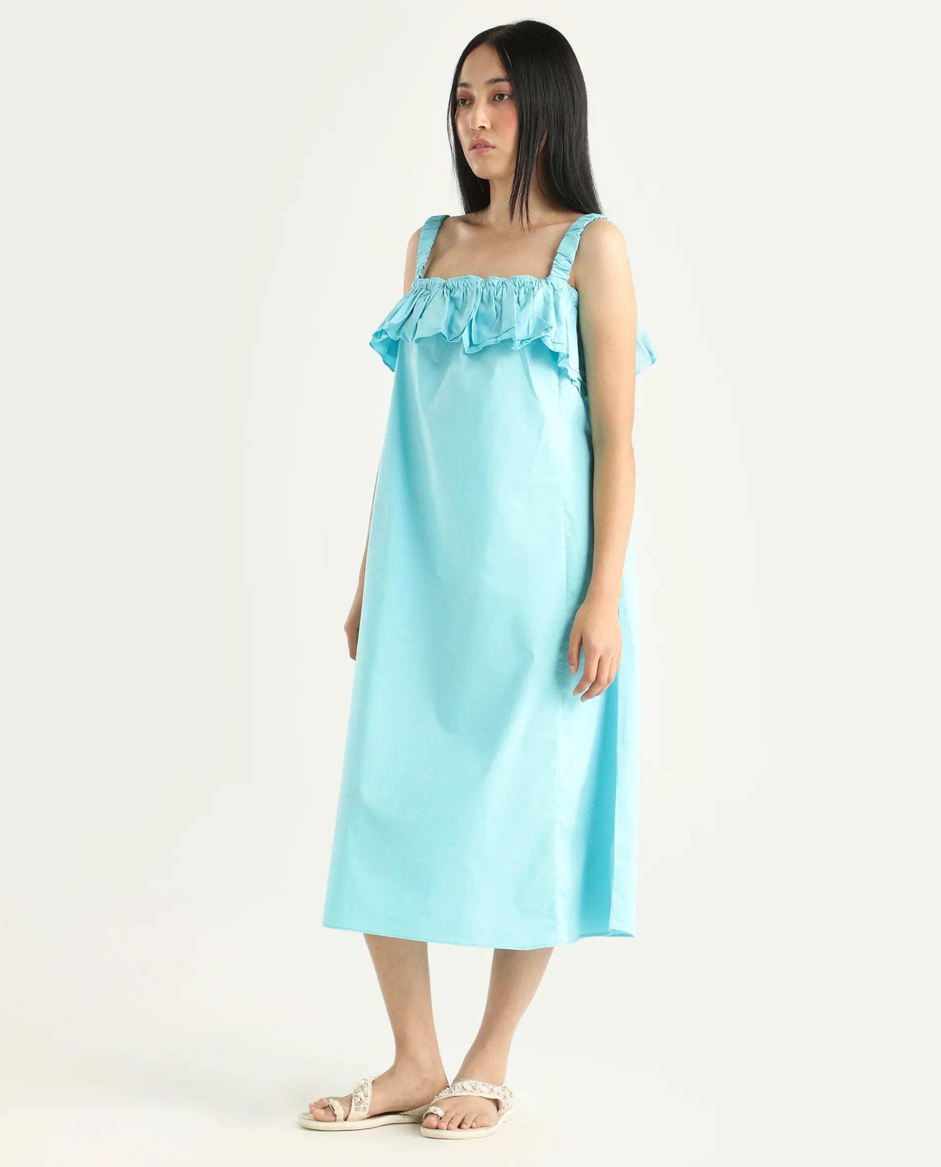 Rareism Women's Lens Blue Cotton Blend Shoulder Strap Plain Sleeveless Knee Length Regular Fit Dress - Image 6