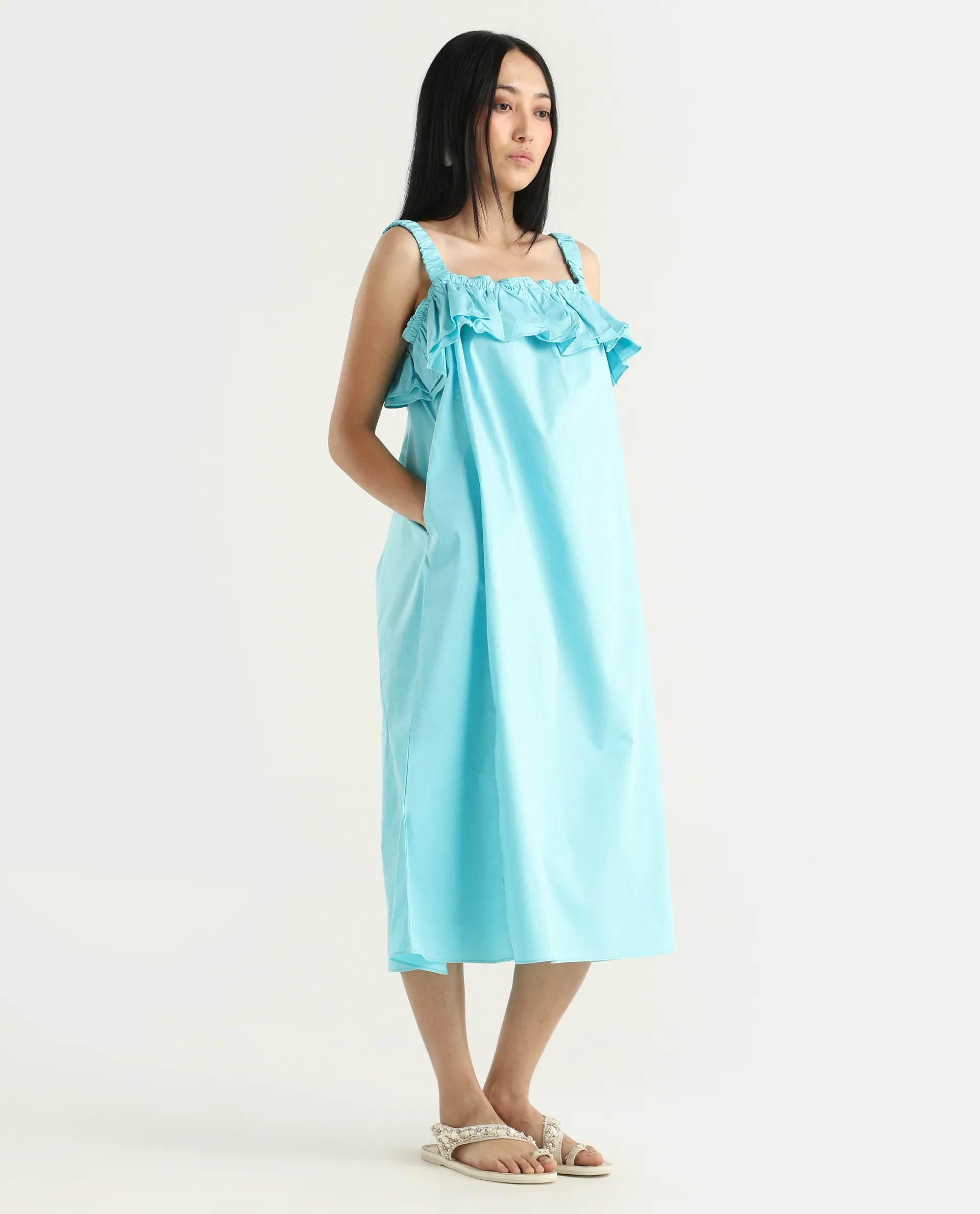 Rareism Women's Lens Blue Cotton Blend Shoulder Strap Plain Sleeveless Knee Length Regular Fit Dress - Image 7