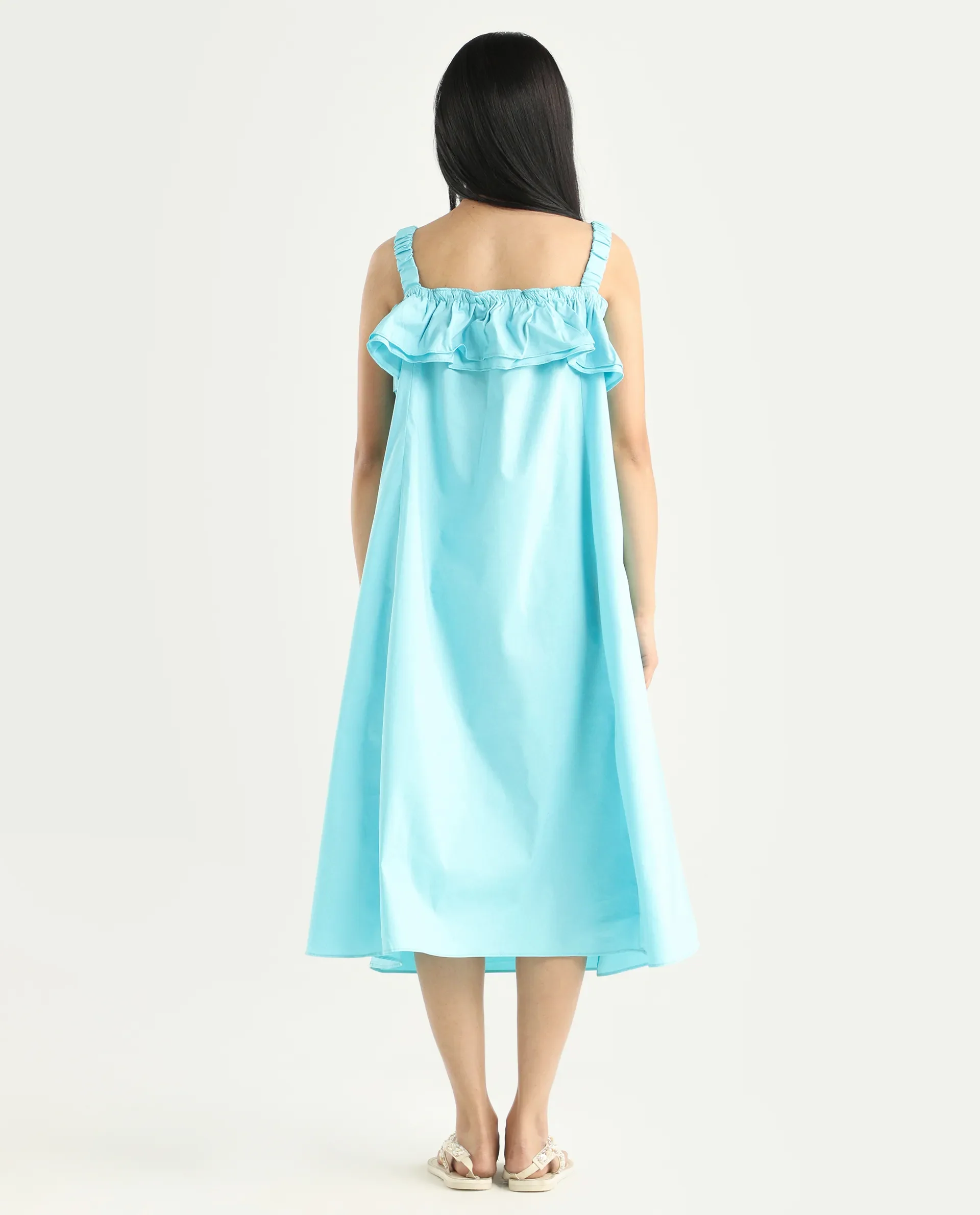 Rareism Women's Lens Blue Cotton Blend Shoulder Strap Plain Sleeveless Knee Length Regular Fit Dress - Image 8