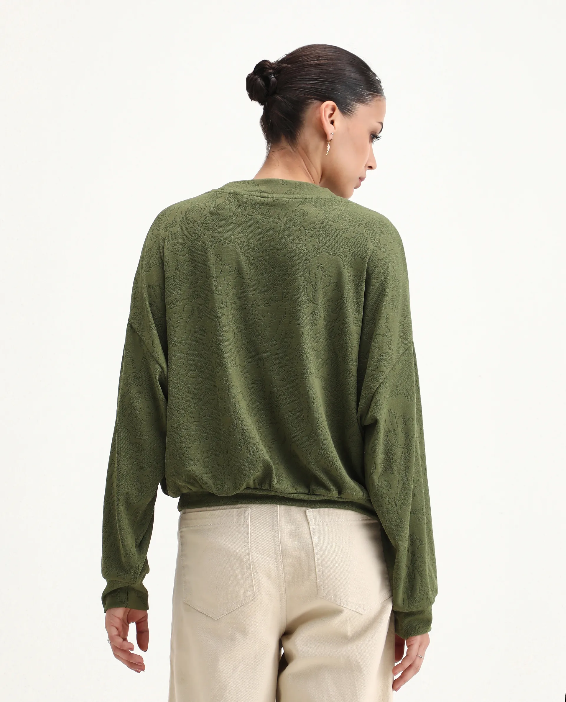 Rareism Women's Lent Olive Polyester Blend Crew Neck Oversize Fit Jacquard Sweatshirt - Image 2