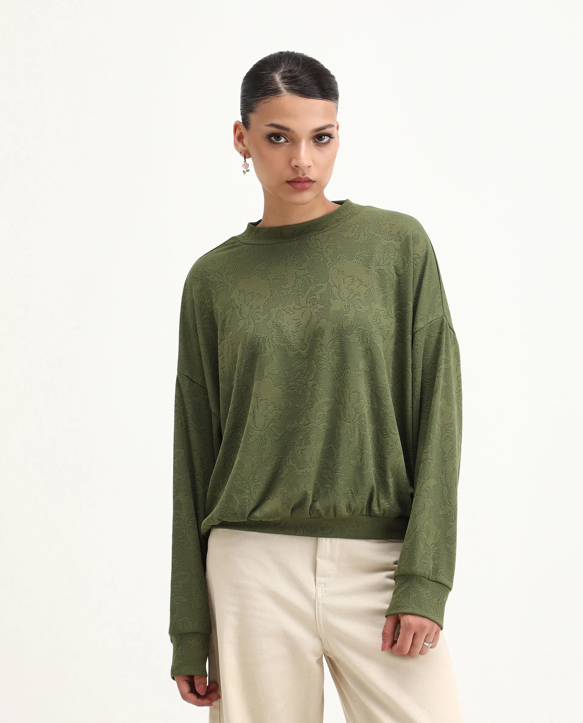 Rareism Women's Lent Olive Polyester Blend Crew Neck Oversize Fit Jacquard Sweatshirt - Image 3