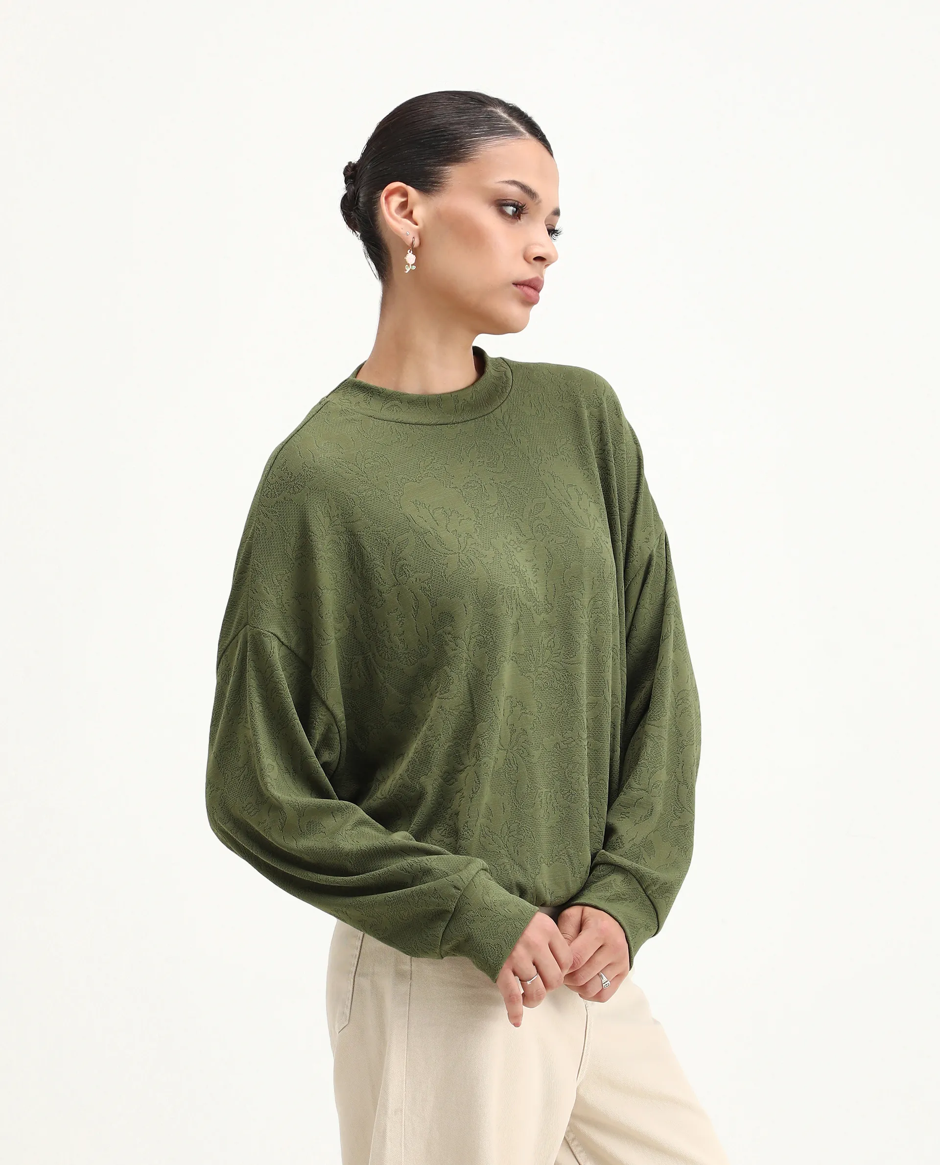 Rareism Women's Lent Olive Polyester Blend Crew Neck Oversize Fit Jacquard Sweatshirt - Image 4