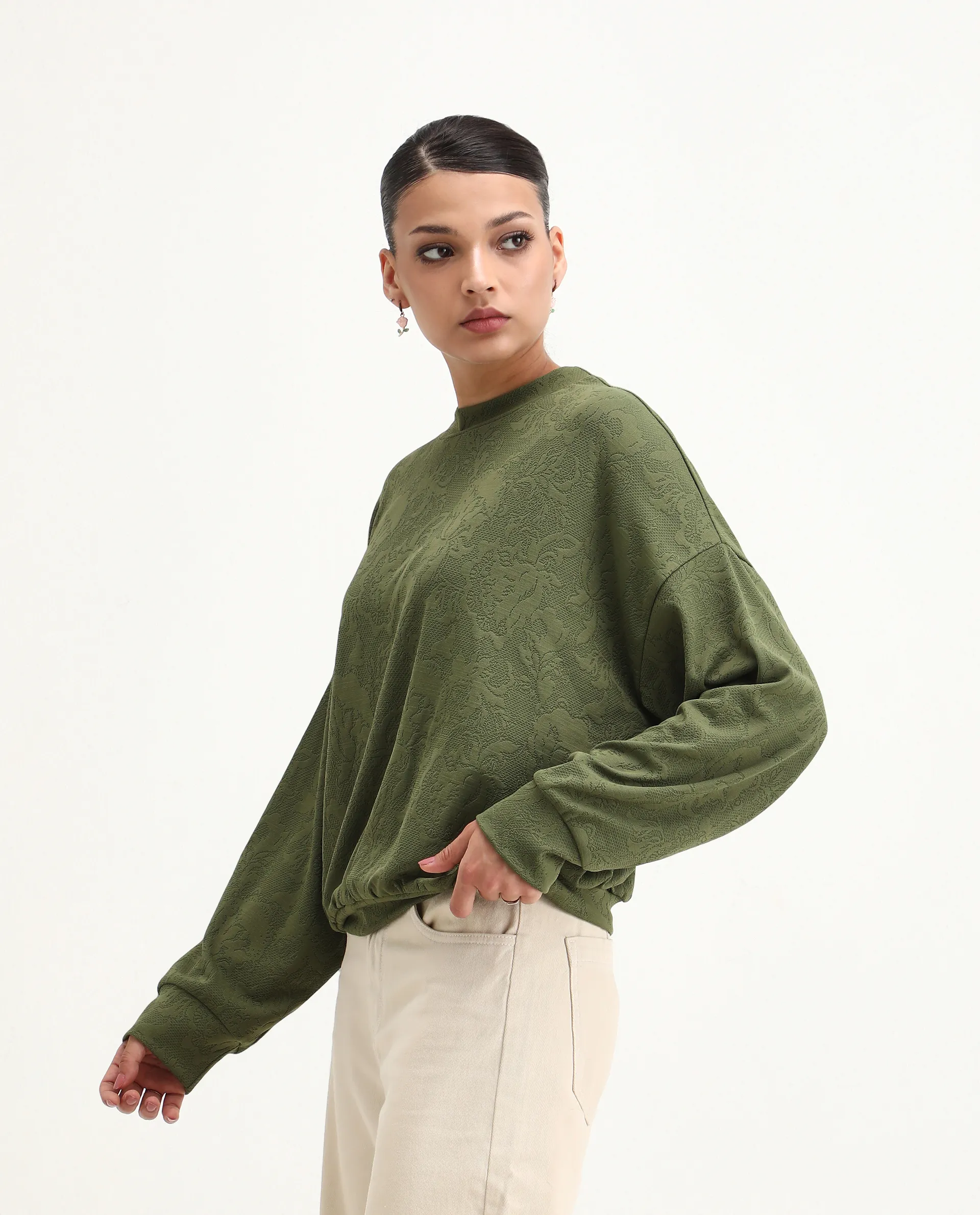 Rareism Women's Lent Olive Polyester Blend Crew Neck Oversize Fit Jacquard Sweatshirt - Image 5
