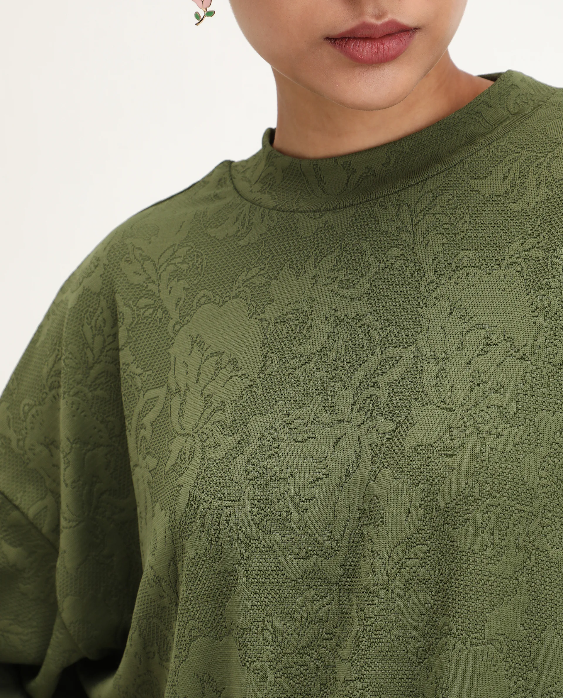 Rareism Women's Lent Olive Polyester Blend Crew Neck Oversize Fit Jacquard Sweatshirt - Image 6