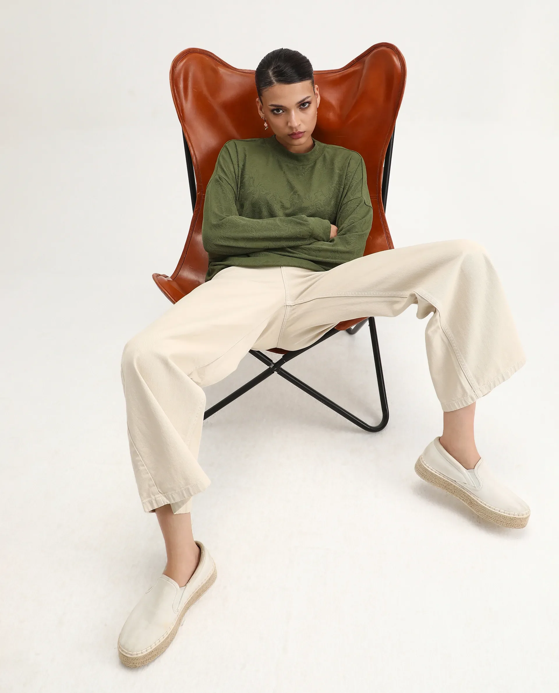 Rareism Women's Lent Olive Polyester Blend Crew Neck Oversize Fit Jacquard Sweatshirt - Image 7