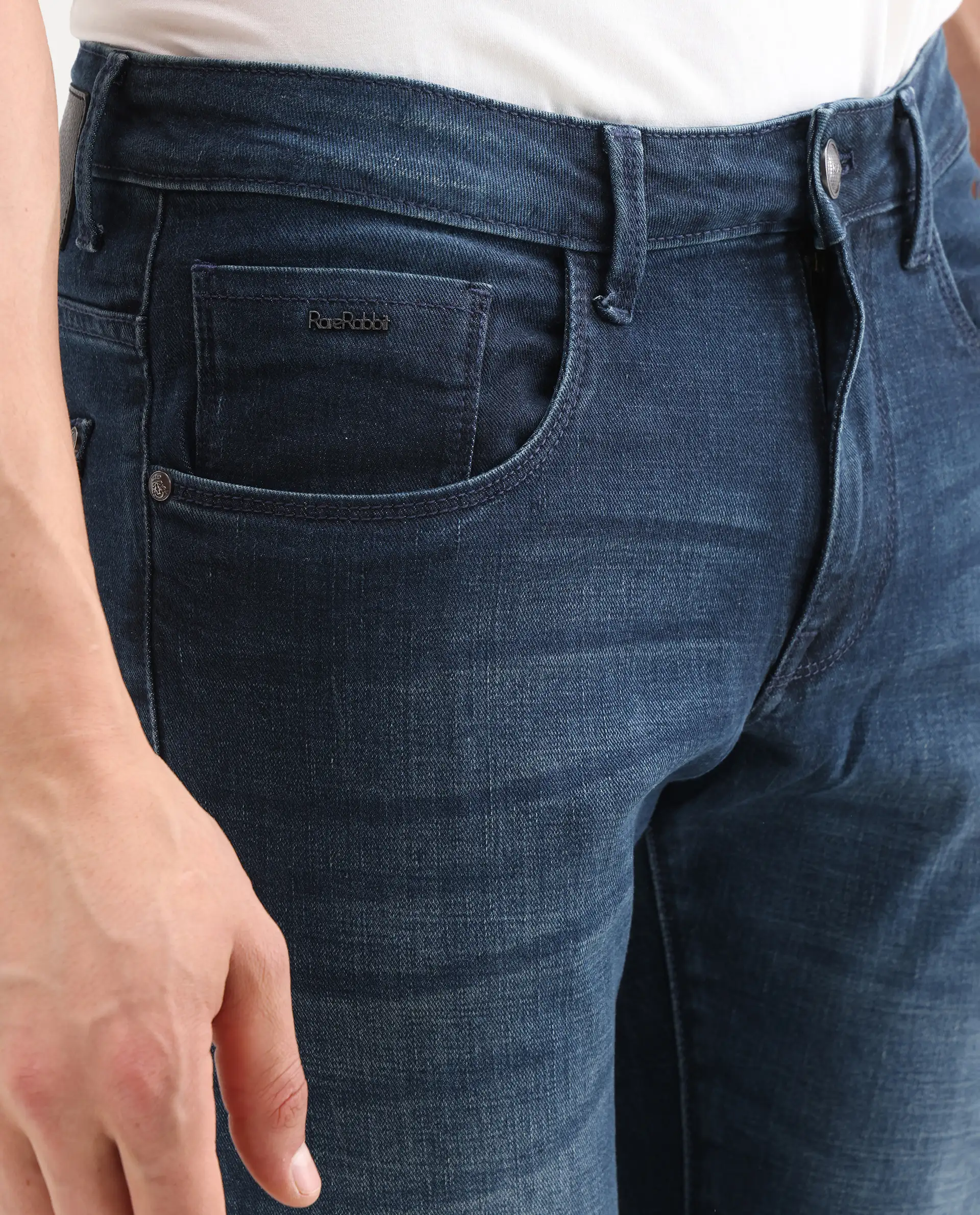 Rare Rabbit Men's Lenz D Dark Blue Cotton Blend Fabric Shank And Zipper Hawk Slim Plain Jeans - Image 3
