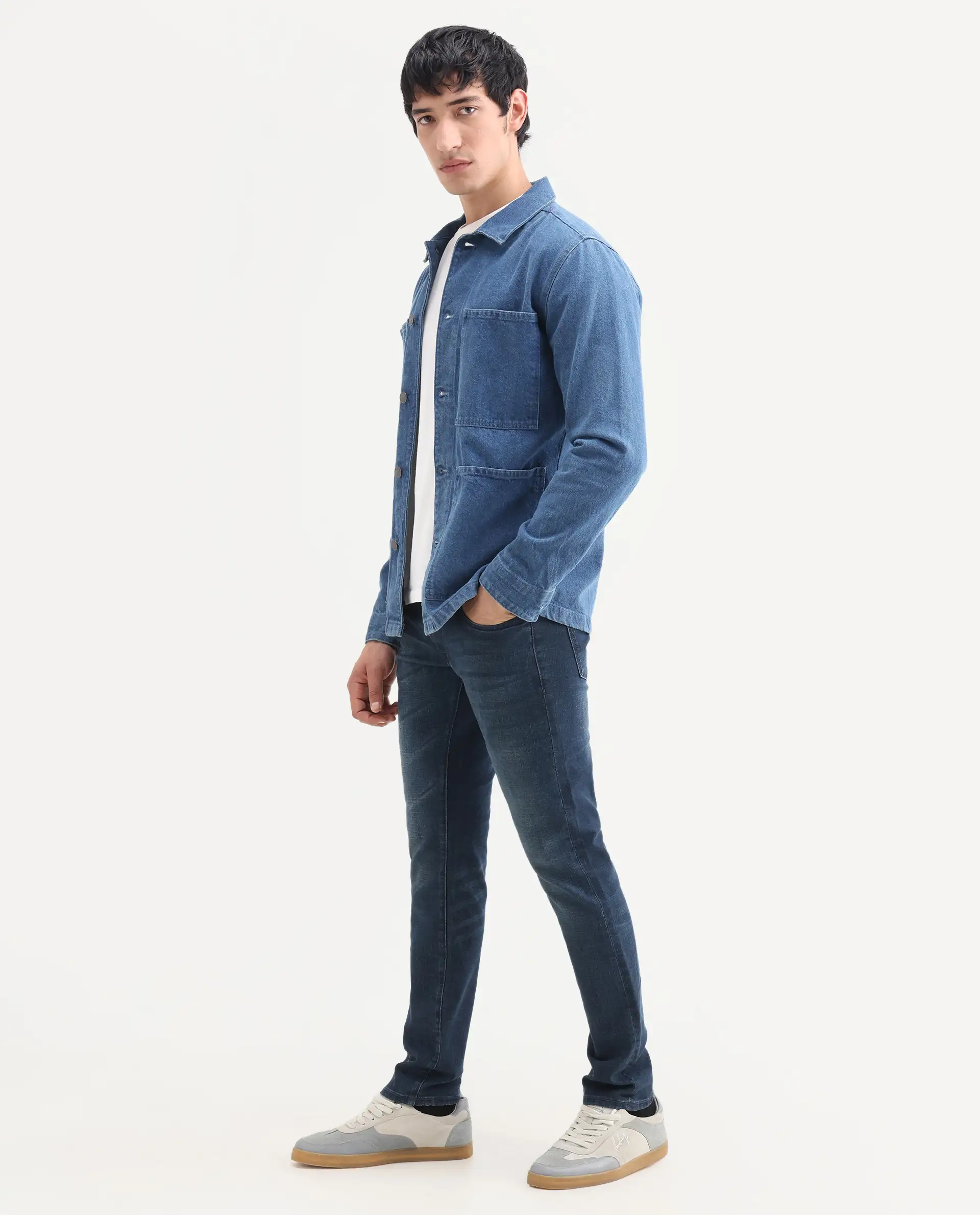 Rare Rabbit Men's Lenz D Dark Blue Cotton Blend Fabric Shank And Zipper Hawk Slim Plain Jeans - Image 5