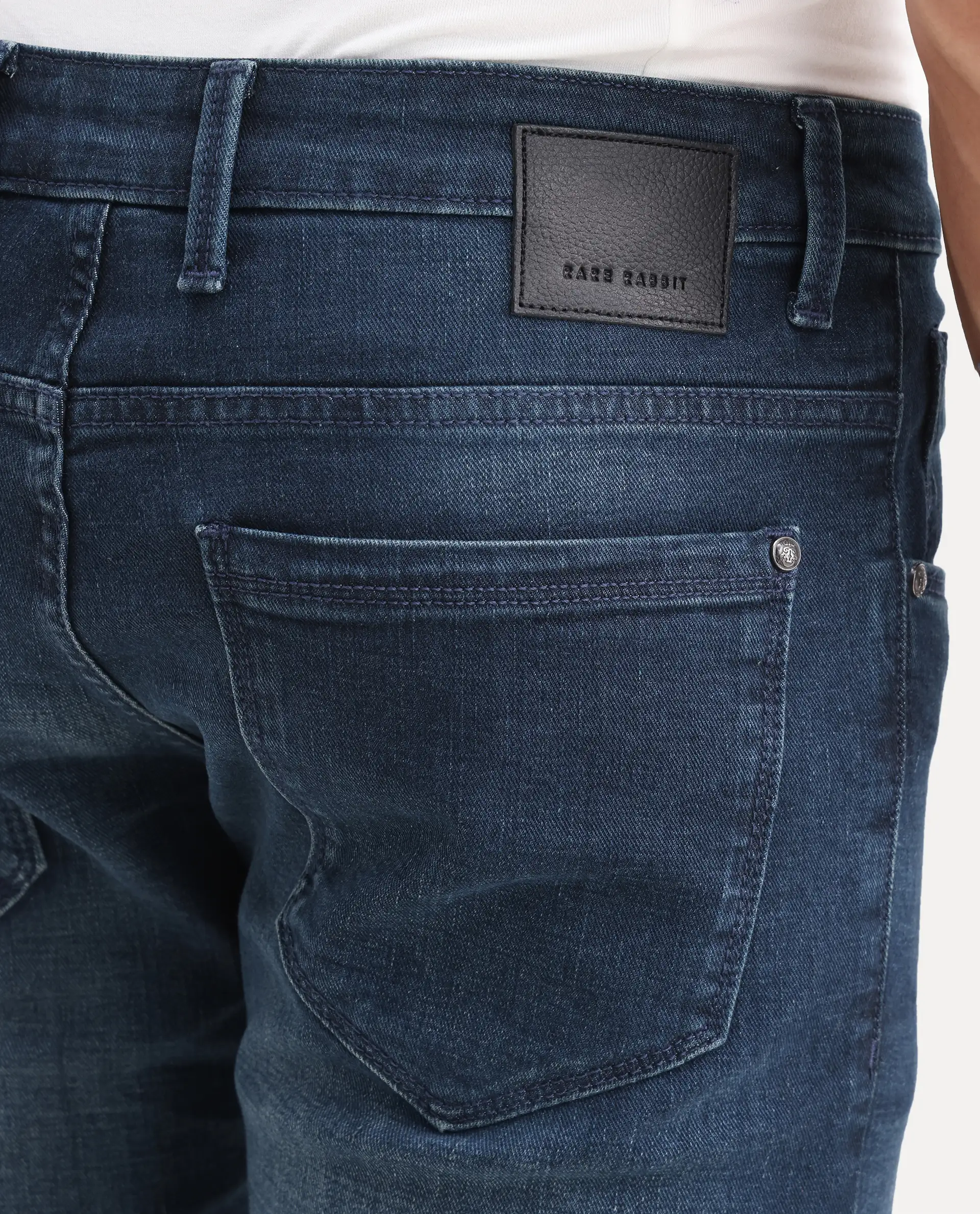 Rare Rabbit Men's Lenz D Dark Blue Cotton Blend Fabric Shank And Zipper Hawk Slim Plain Jeans - Image 7