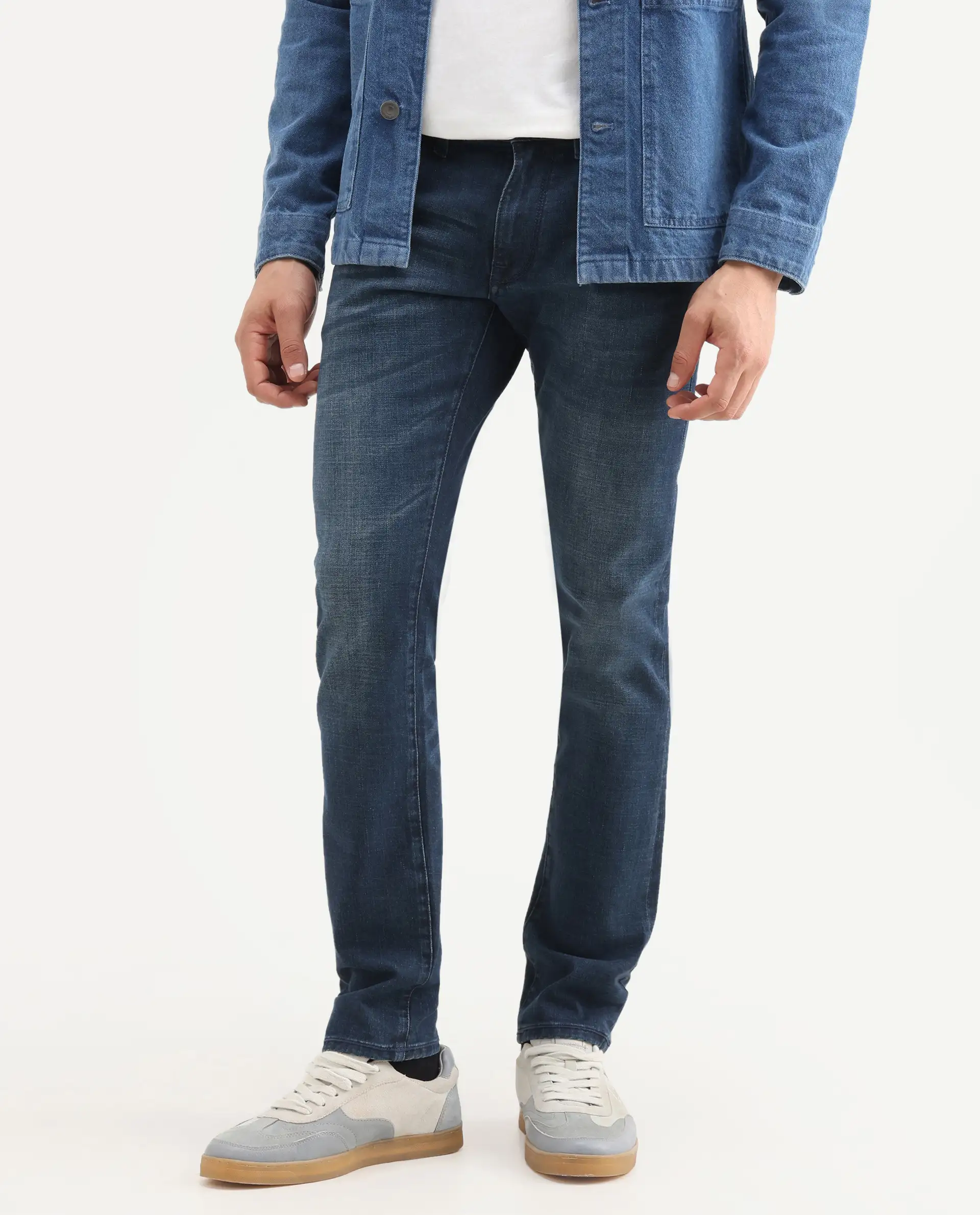 Rare Rabbit Men's Lenz D Dark Blue Cotton Blend Fabric Shank And Zipper Hawk Slim Plain Jeans - Image 9