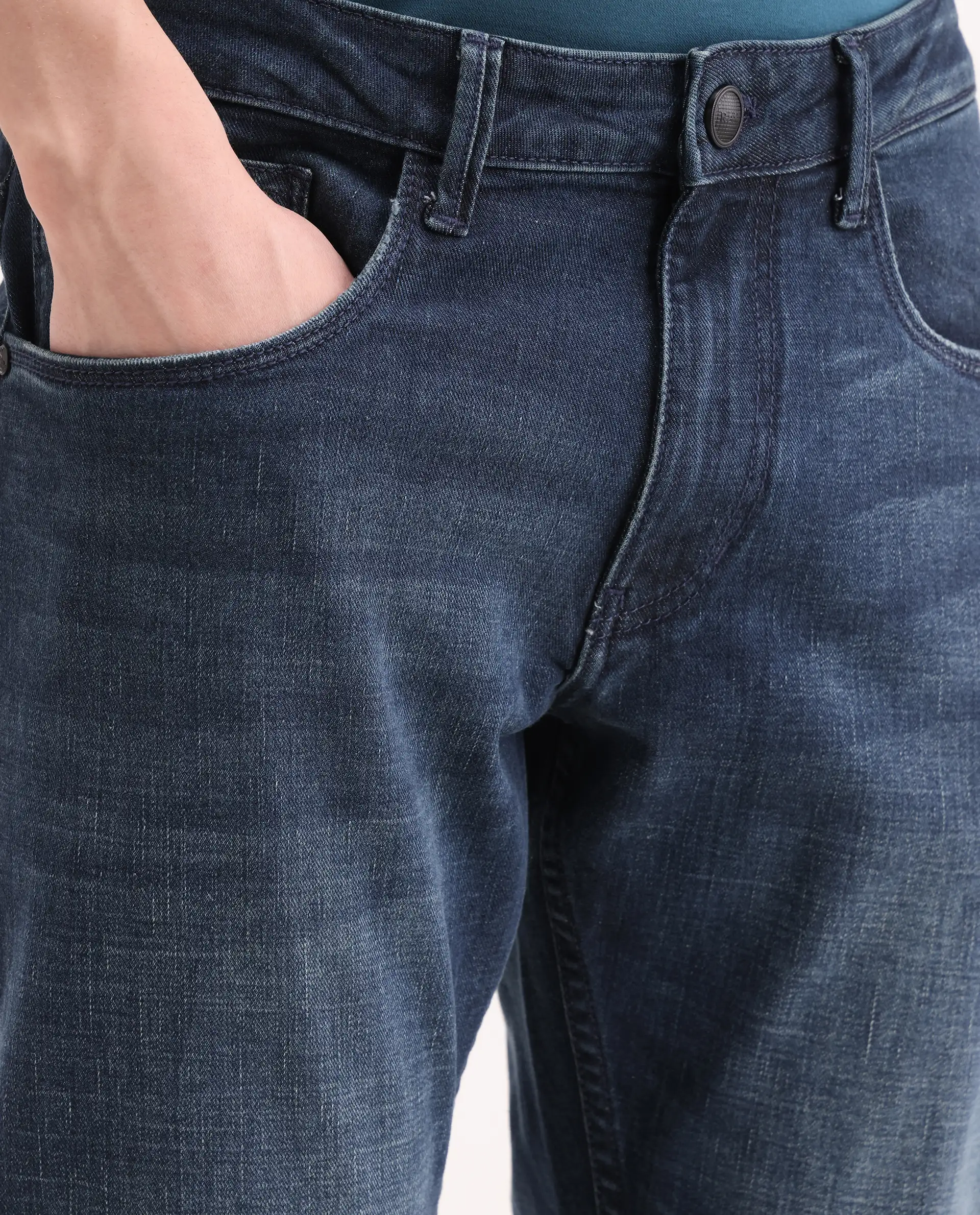 Rare Rabbit Men's Lenz L Blue Cotton Blend Fabric Shank And Zipper Hawk Slim Plain Jeans - Image 3