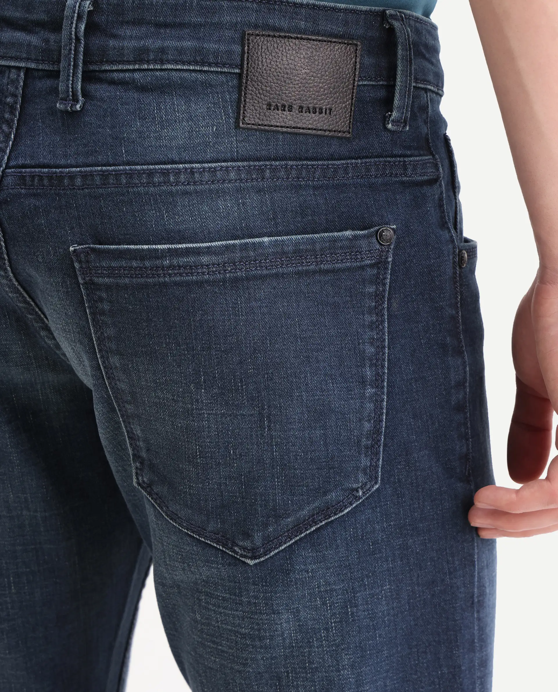 Rare Rabbit Men's Lenz L Blue Cotton Blend Fabric Shank And Zipper Hawk Slim Plain Jeans - Image 7