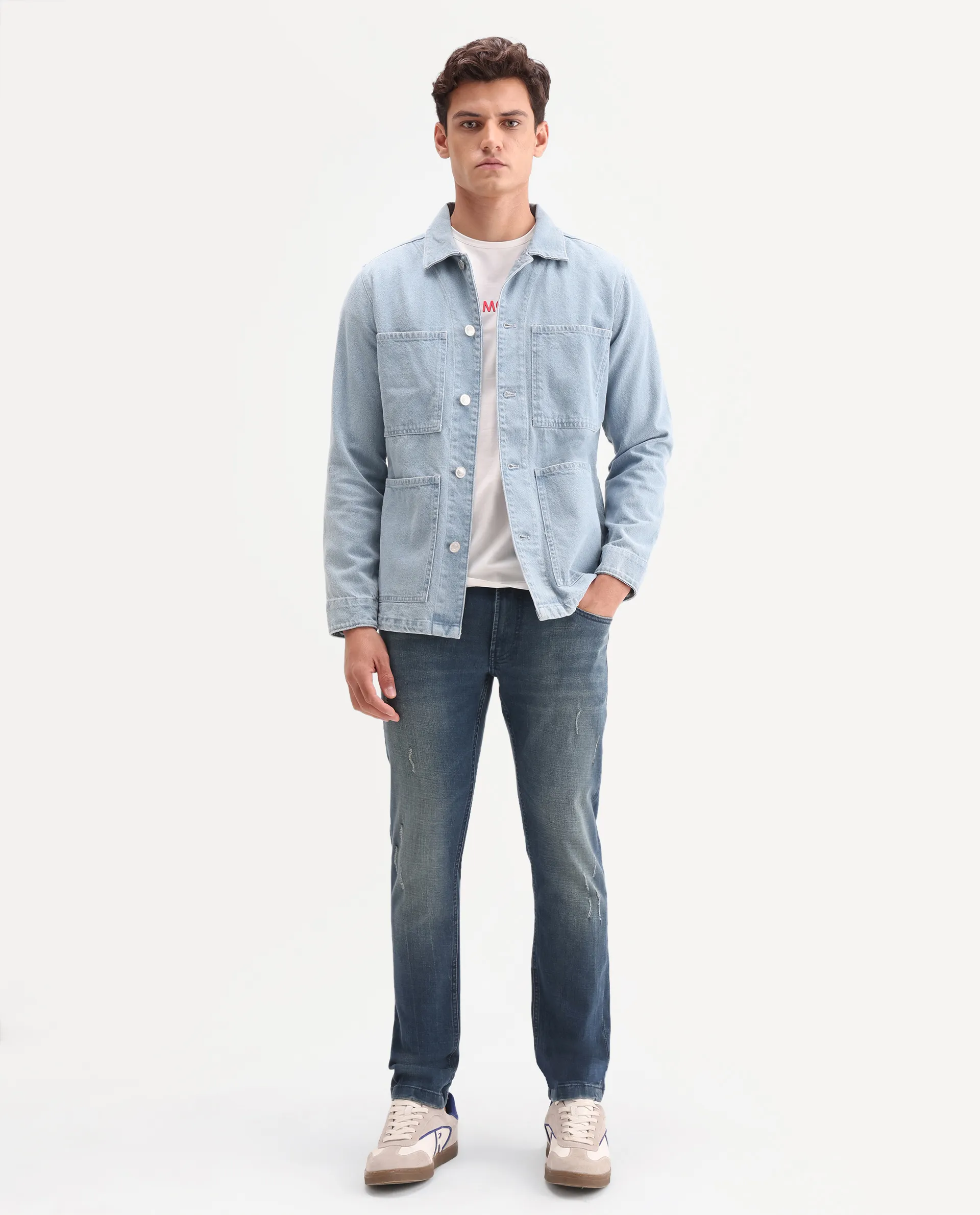 Rare Rabbit Men's Lenz S Blue Cotton Blend Fabric Shank And Zipper Hawk Slim Plain Jeans