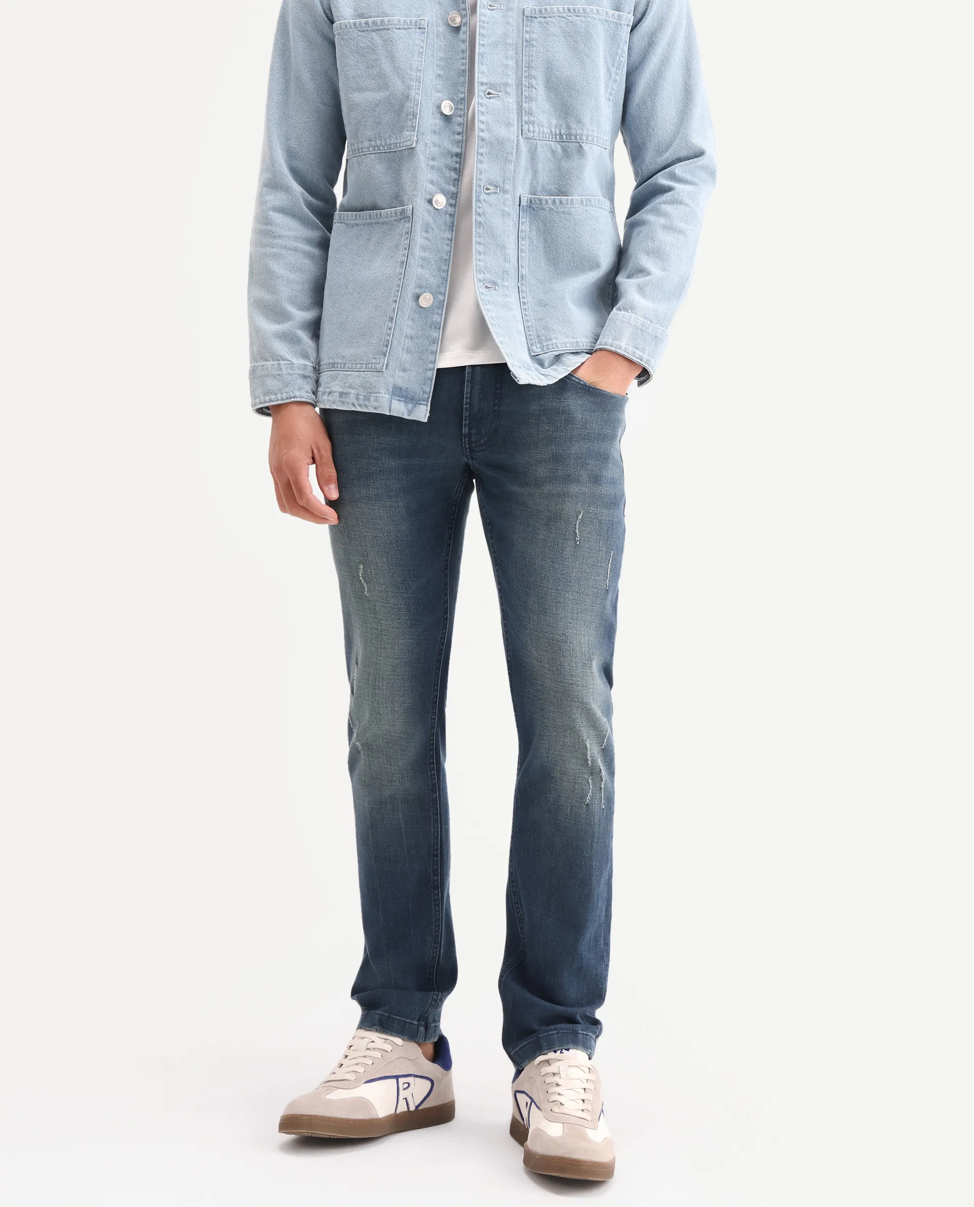 Rare Rabbit Men's Lenz S Blue Cotton Blend Fabric Shank And Zipper Hawk Slim Plain Jeans - Image 2