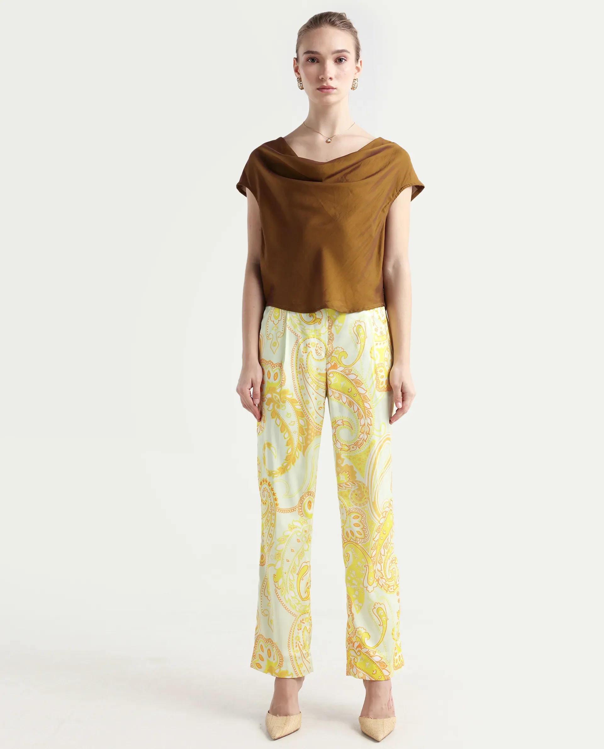 Rareism Women's Lenzet Yellow Polyester Paisley Print Ankle Length Relaxed Fit Trouser - Image 2