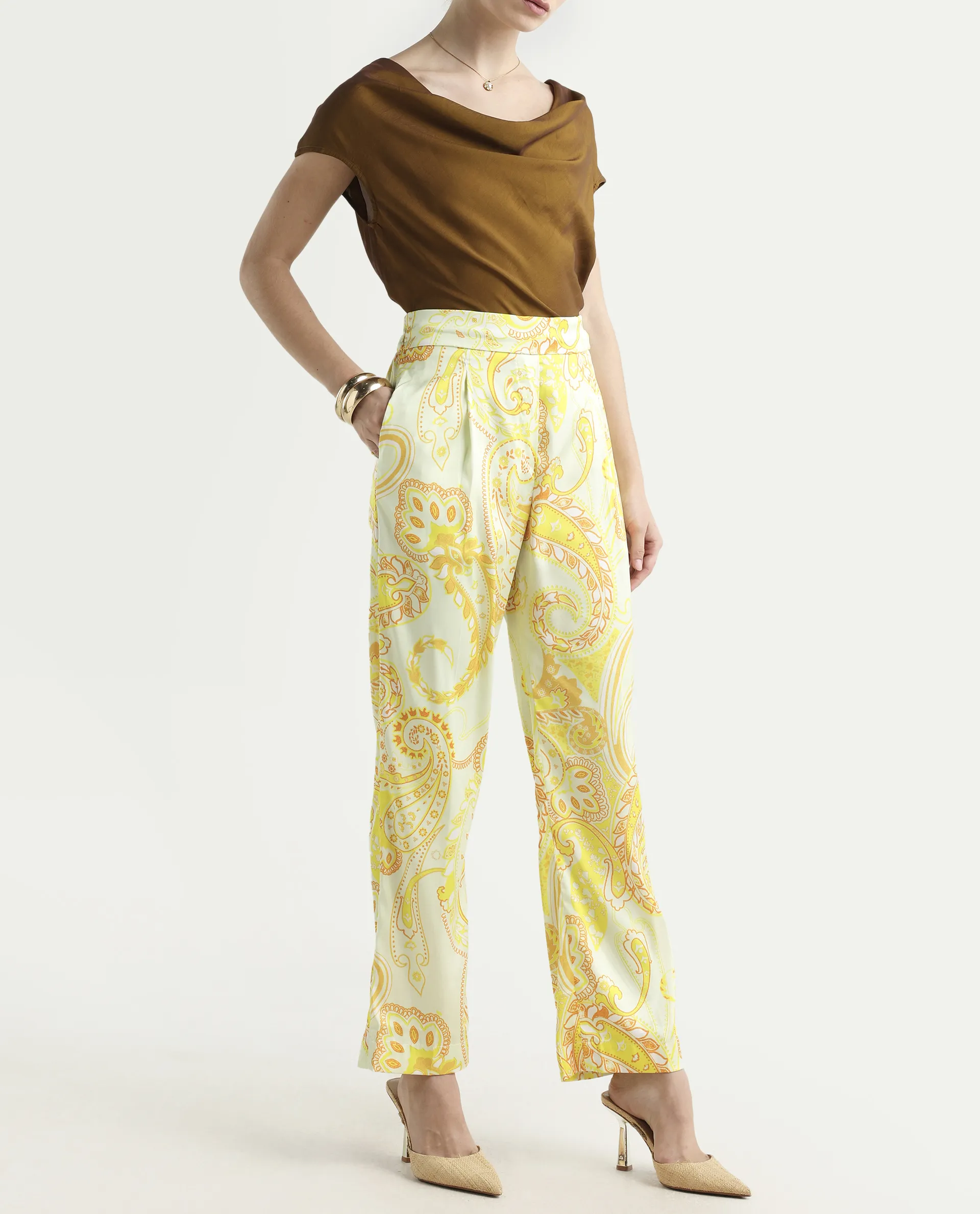 Rareism Women's Lenzet Yellow Polyester Paisley Print Ankle Length Relaxed Fit Trouser - Image 3