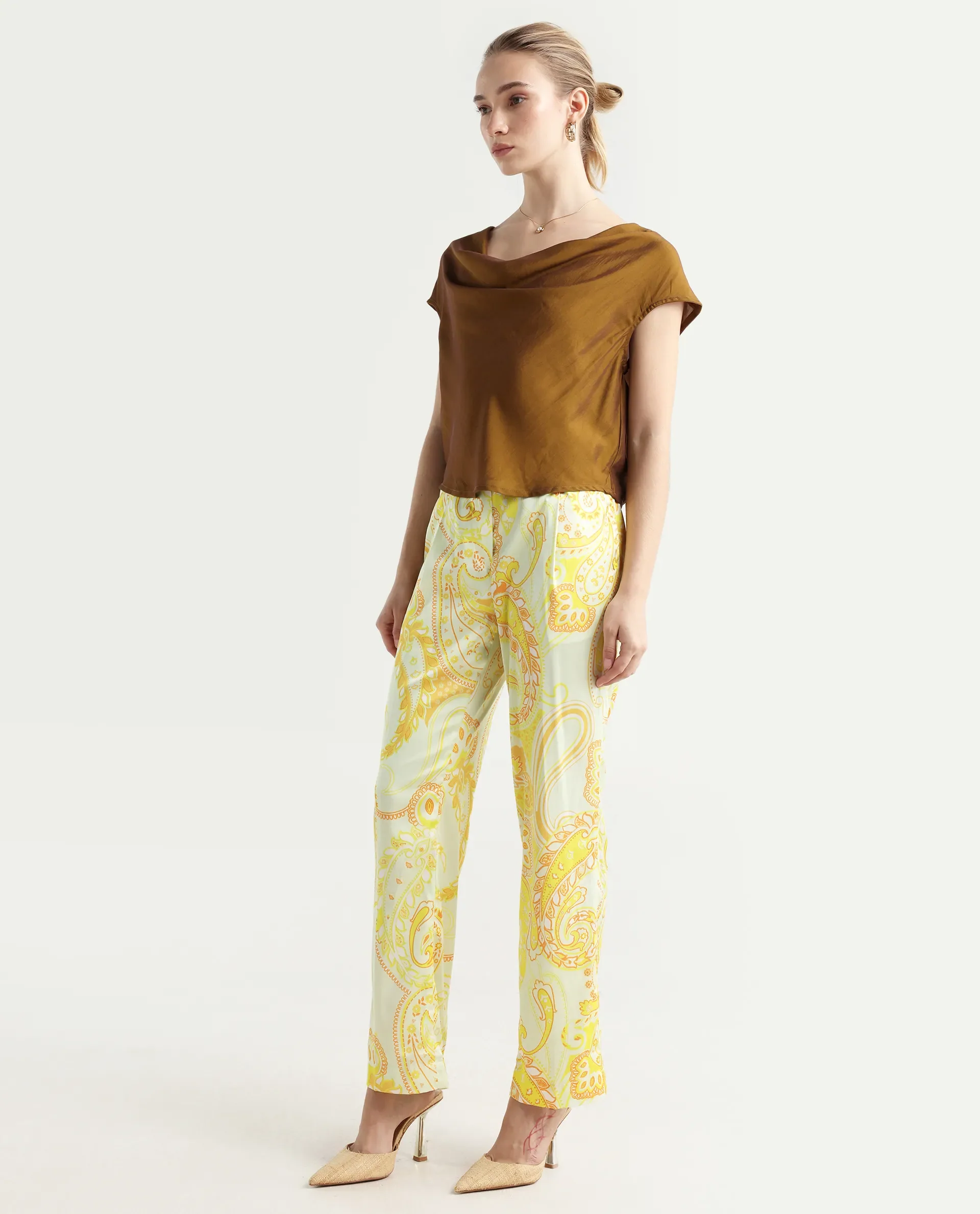 Rareism Women's Lenzet Yellow Polyester Paisley Print Ankle Length Relaxed Fit Trouser - Image 5