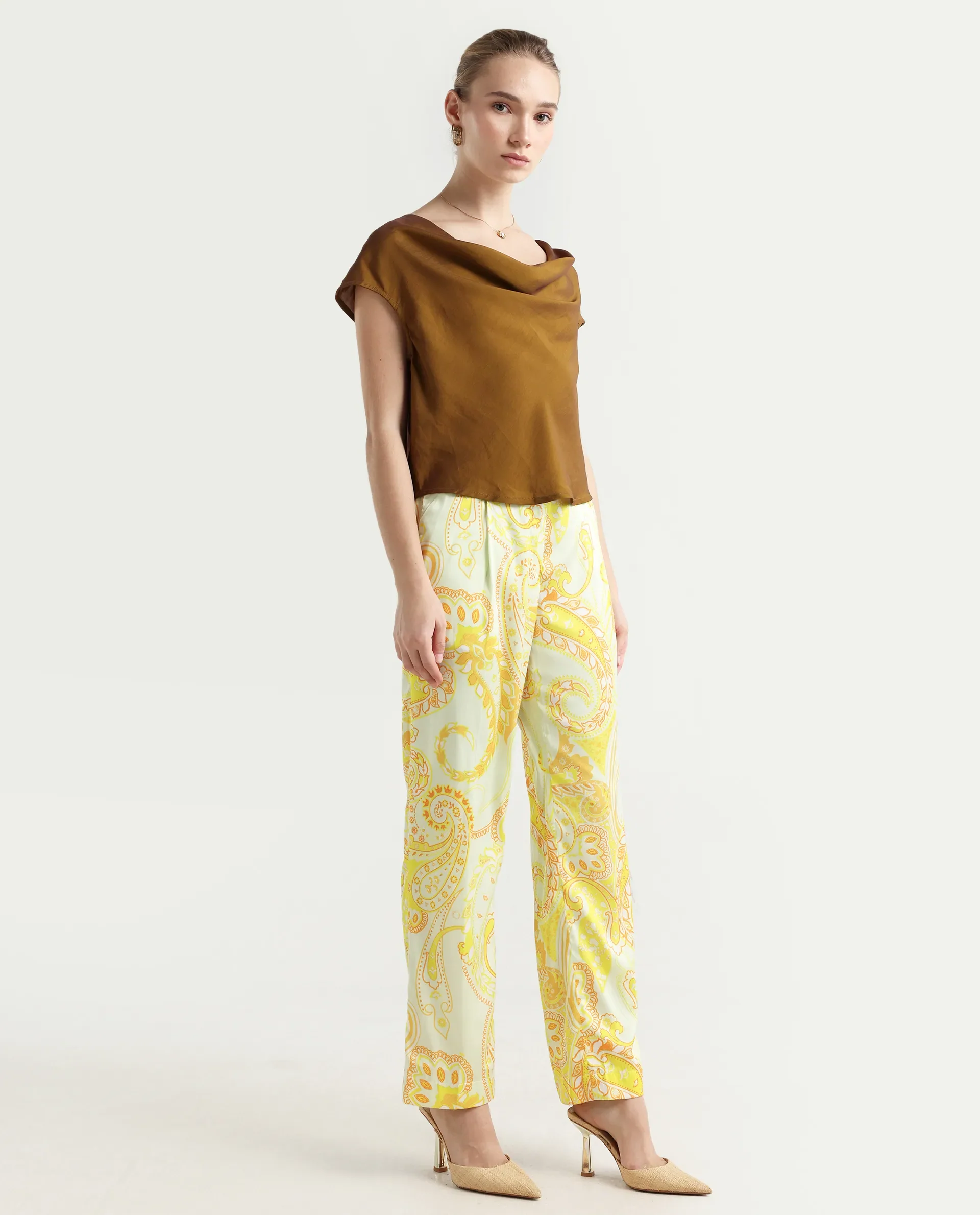 Rareism Women's Lenzet Yellow Polyester Paisley Print Ankle Length Relaxed Fit Trouser - Image 6