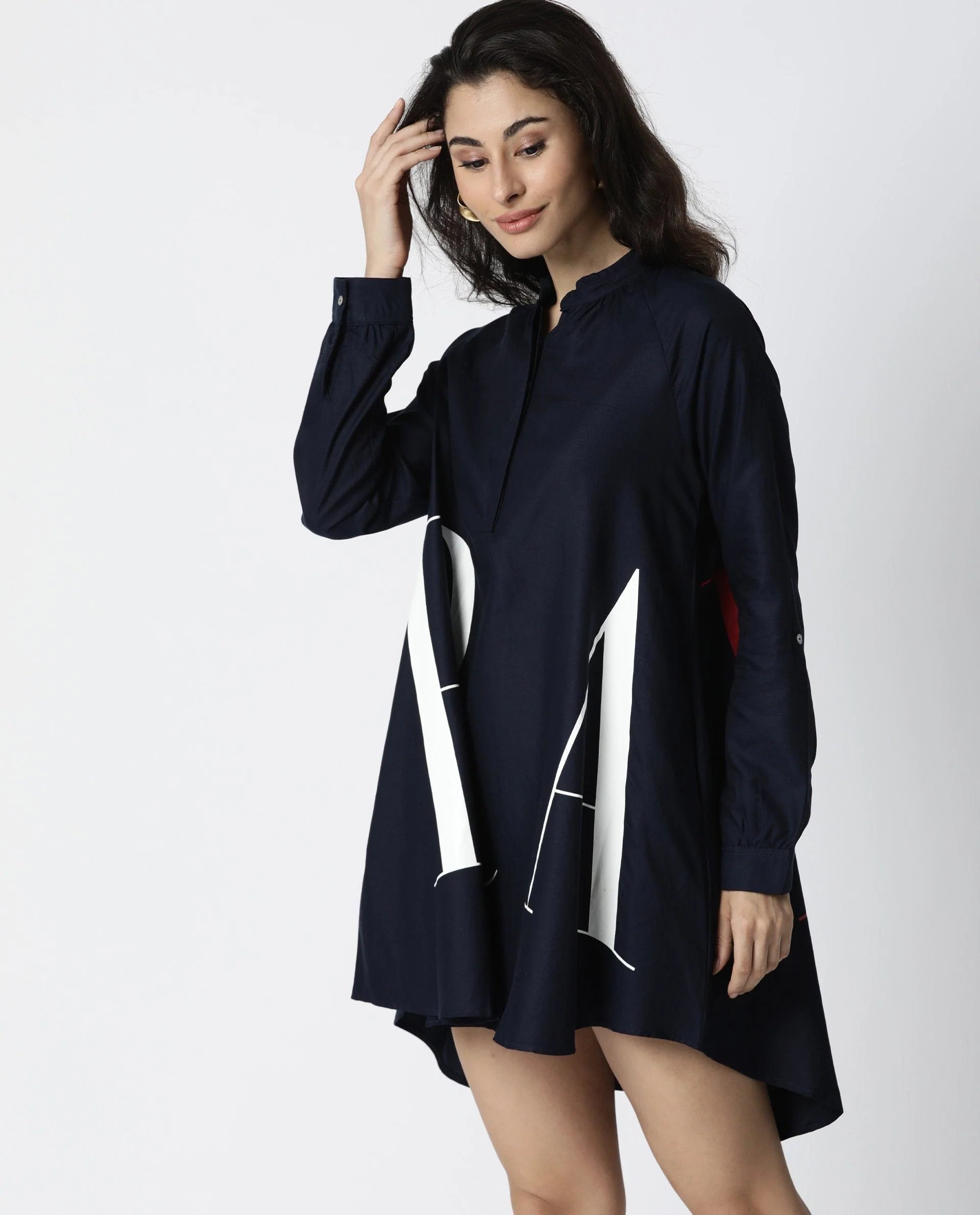 Rareism Women Leo Blue Dress Full Sleeves Solid