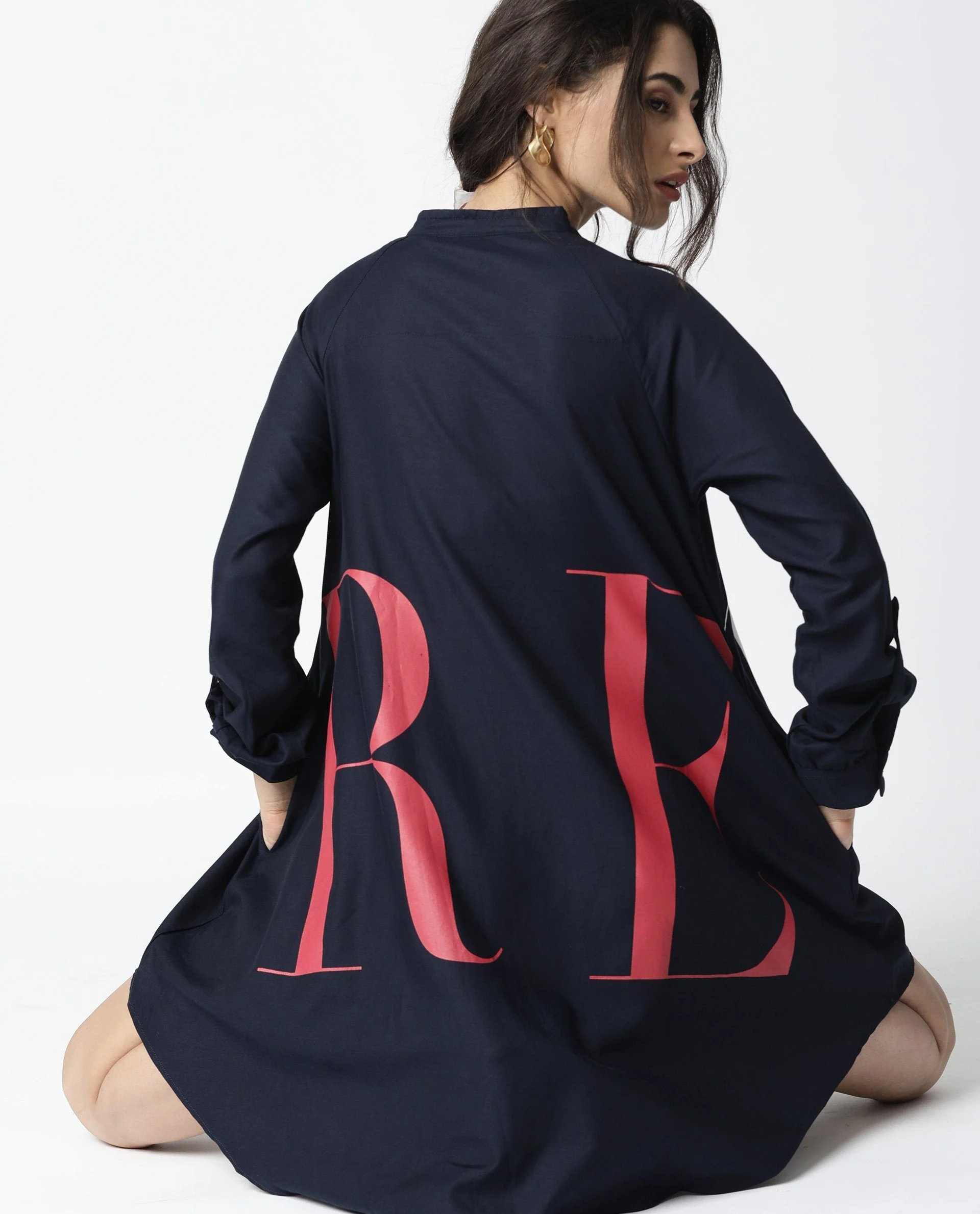 Rareism Women Leo Blue Dress Full Sleeves Solid - Image 2