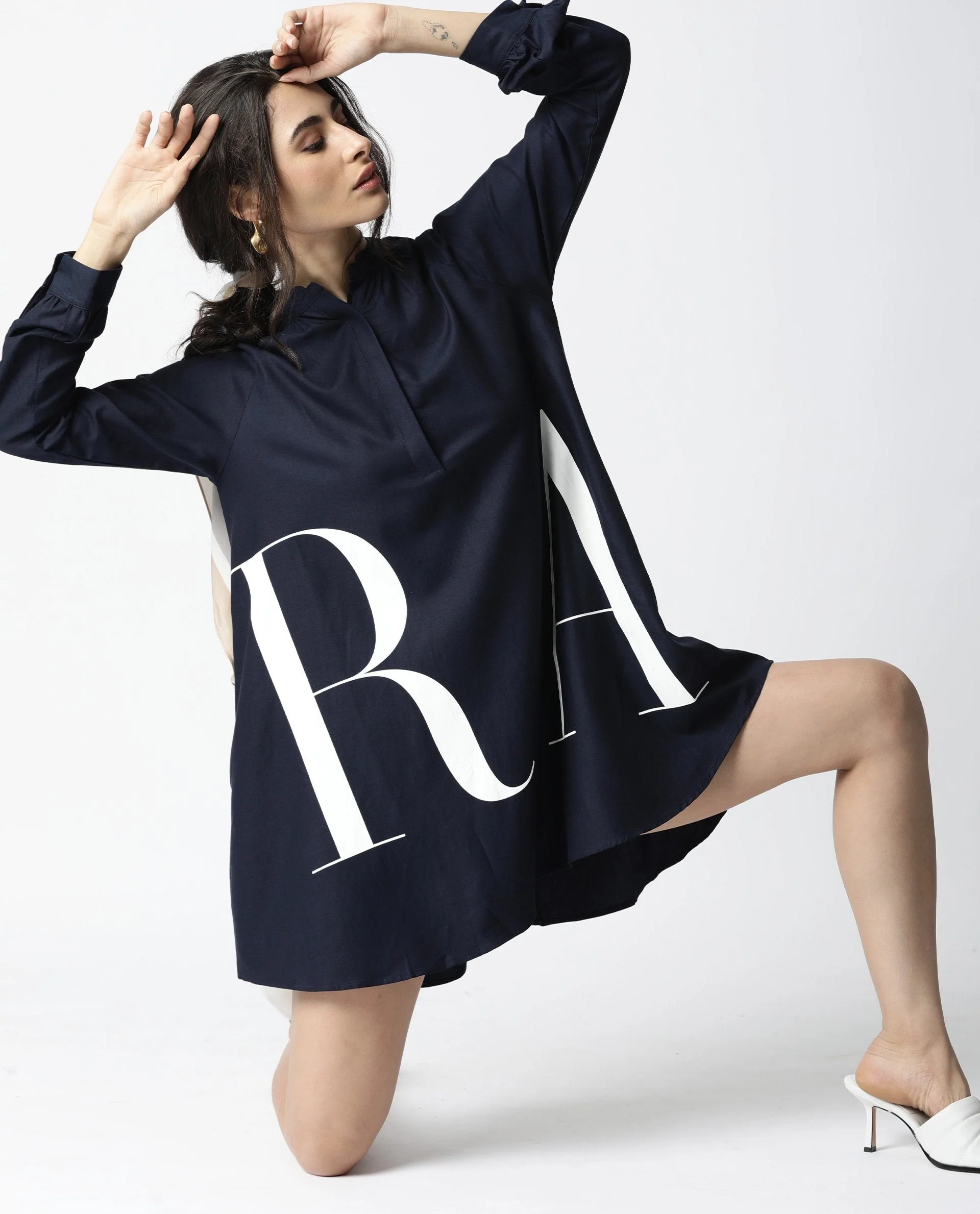 Rareism Women Leo Blue Dress Full Sleeves Solid - Image 3