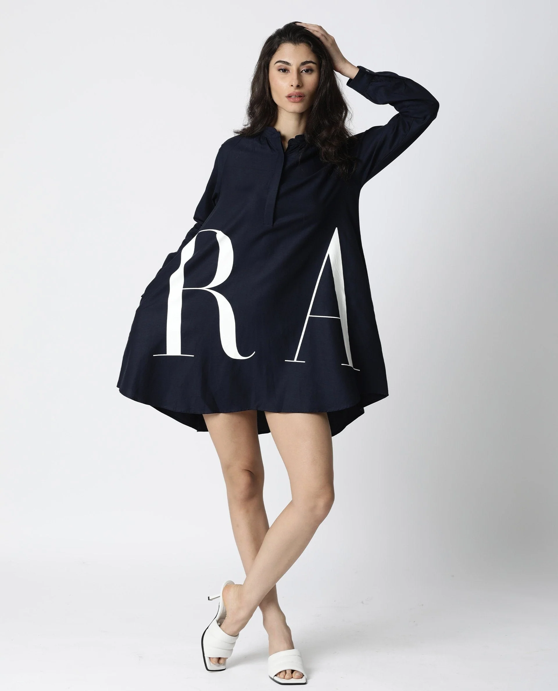 Rareism Women Leo Blue Dress Full Sleeves Solid - Image 4