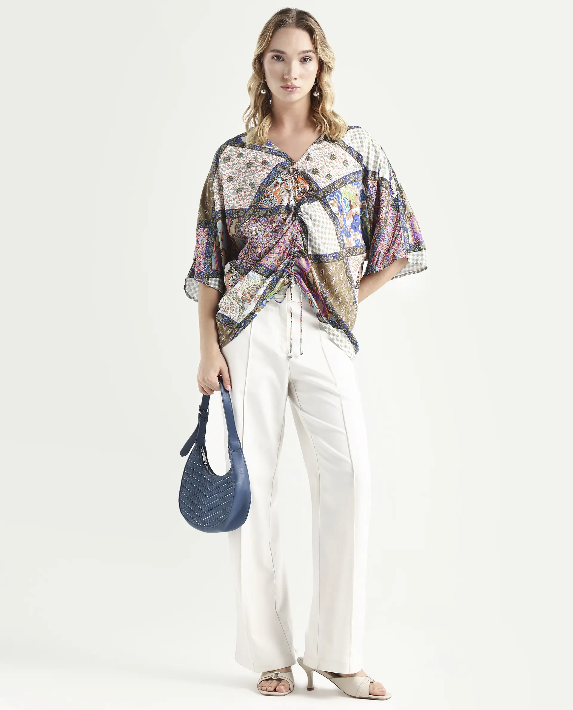 Rareism Women's Leoda Multi Viscose V-Neck Abstract Print Flared Sleeve Relaxed Fit Top - Image 2