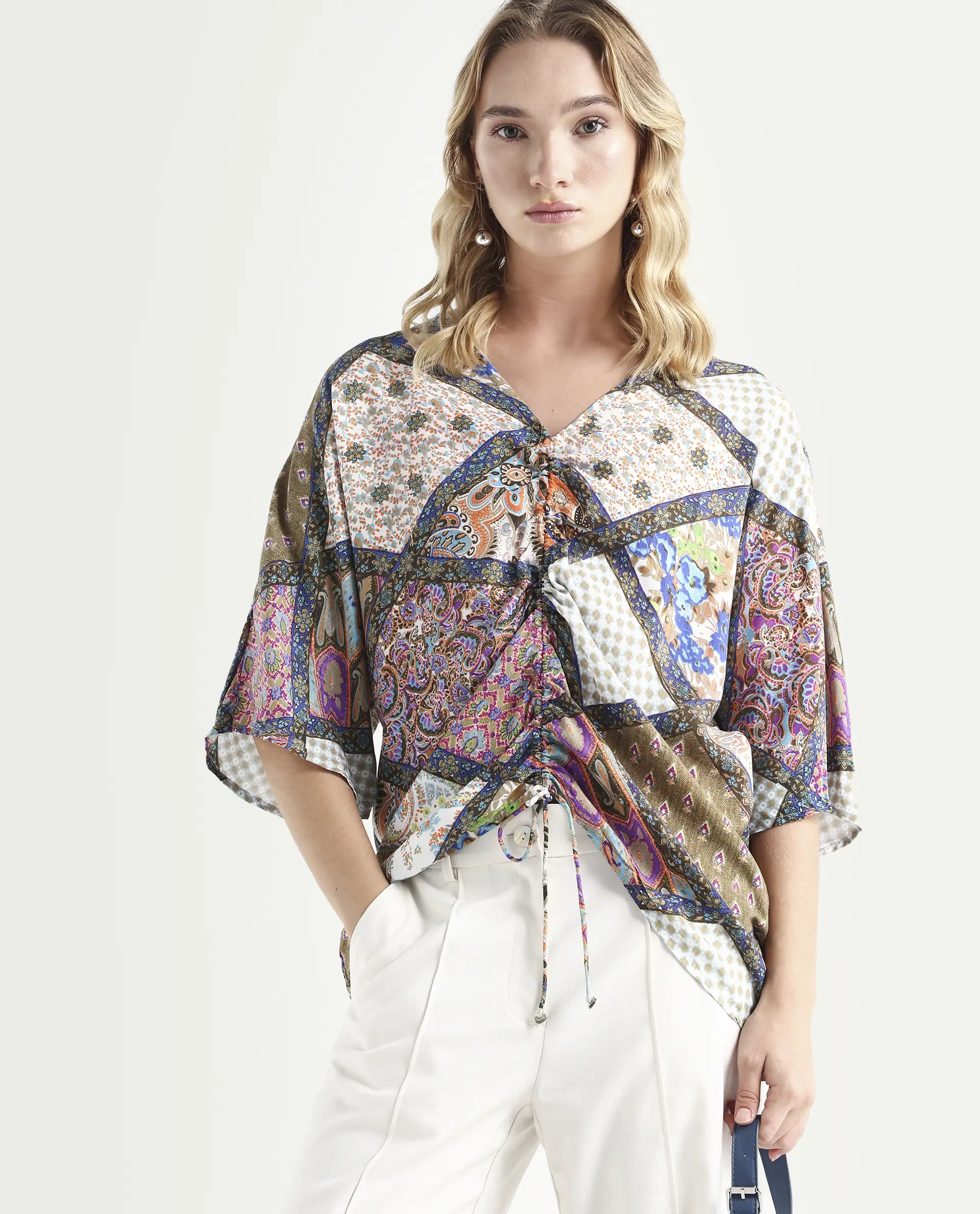 Rareism Women's Leoda Multi Viscose V-Neck Abstract Print Flared Sleeve Relaxed Fit Top - Image 3