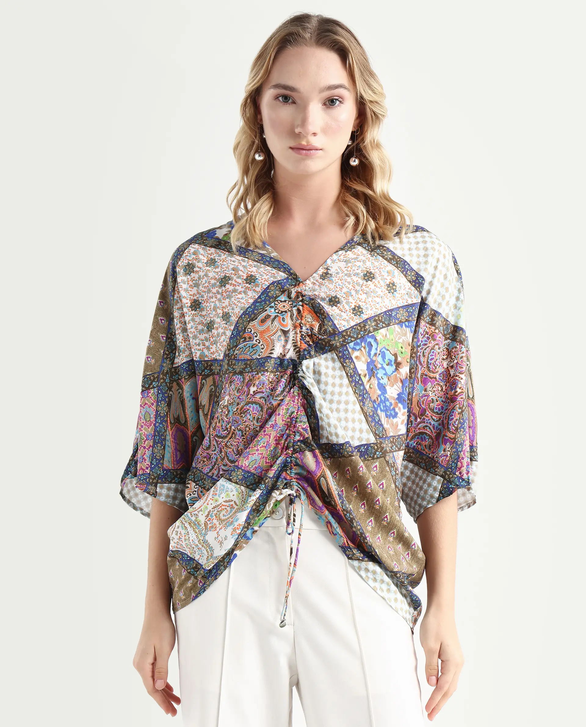 Rareism Women's Leoda Multi Viscose V-Neck Abstract Print Flared Sleeve Relaxed Fit Top - Image 4