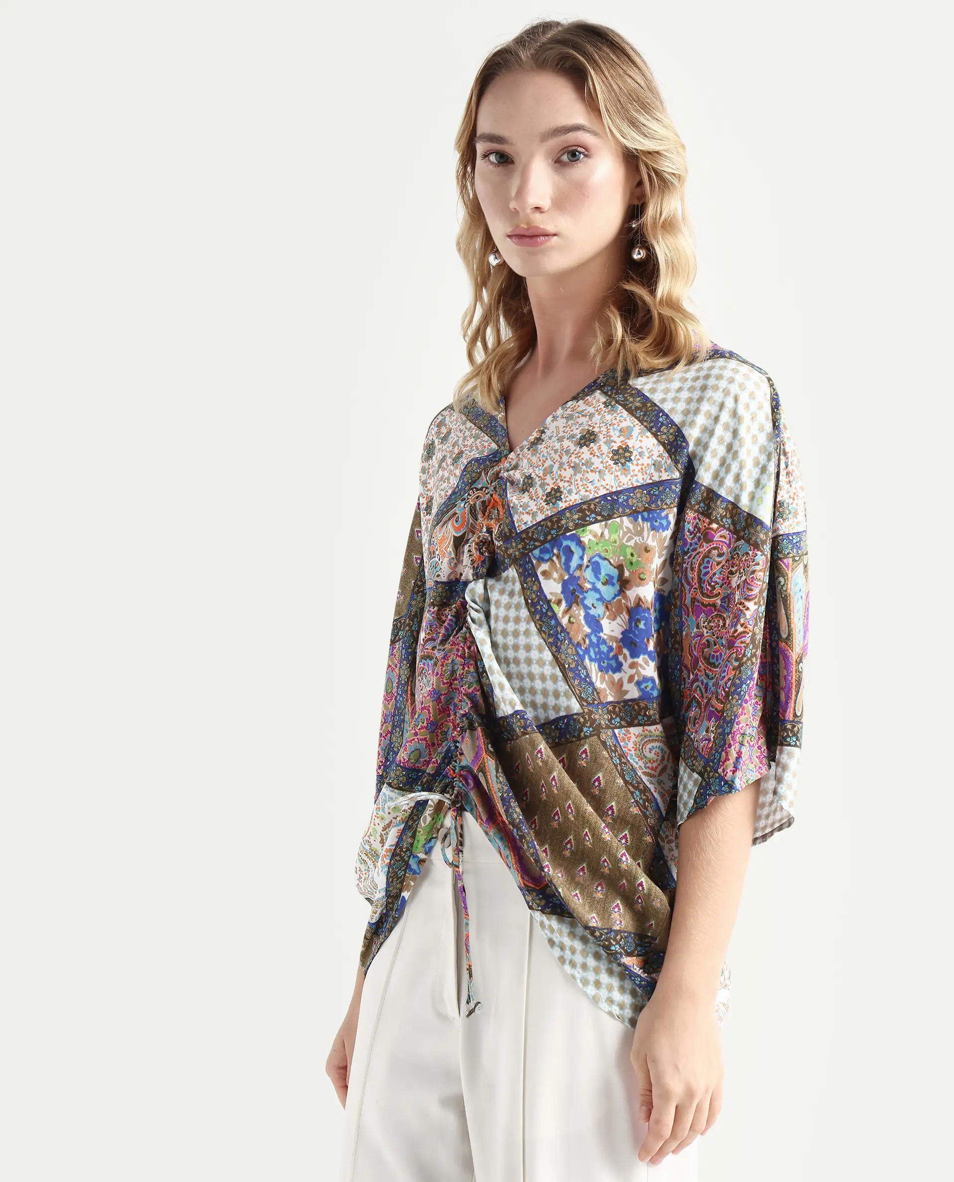Rareism Women's Leoda Multi Viscose V-Neck Abstract Print Flared Sleeve Relaxed Fit Top - Image 5