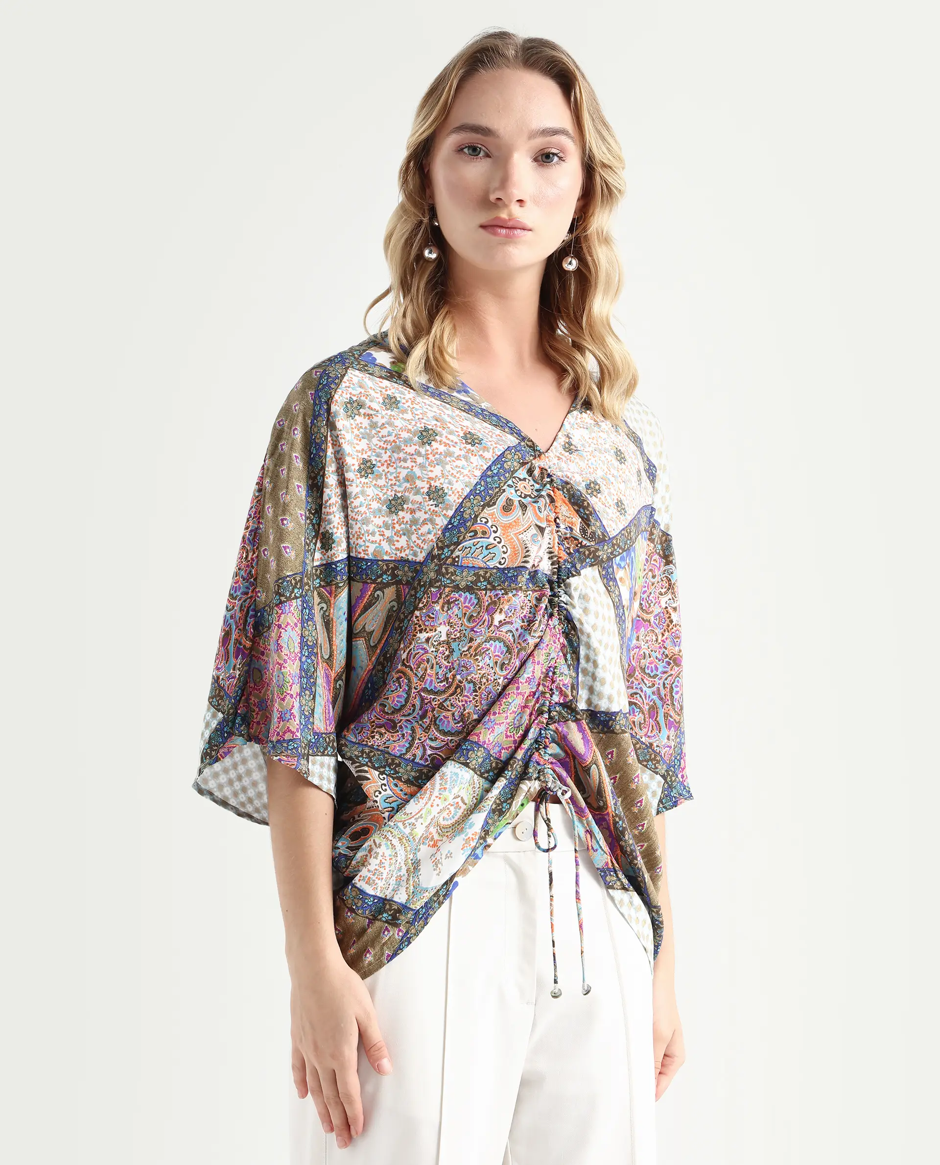 Rareism Women's Leoda Multi Viscose V-Neck Abstract Print Flared Sleeve Relaxed Fit Top - Image 6